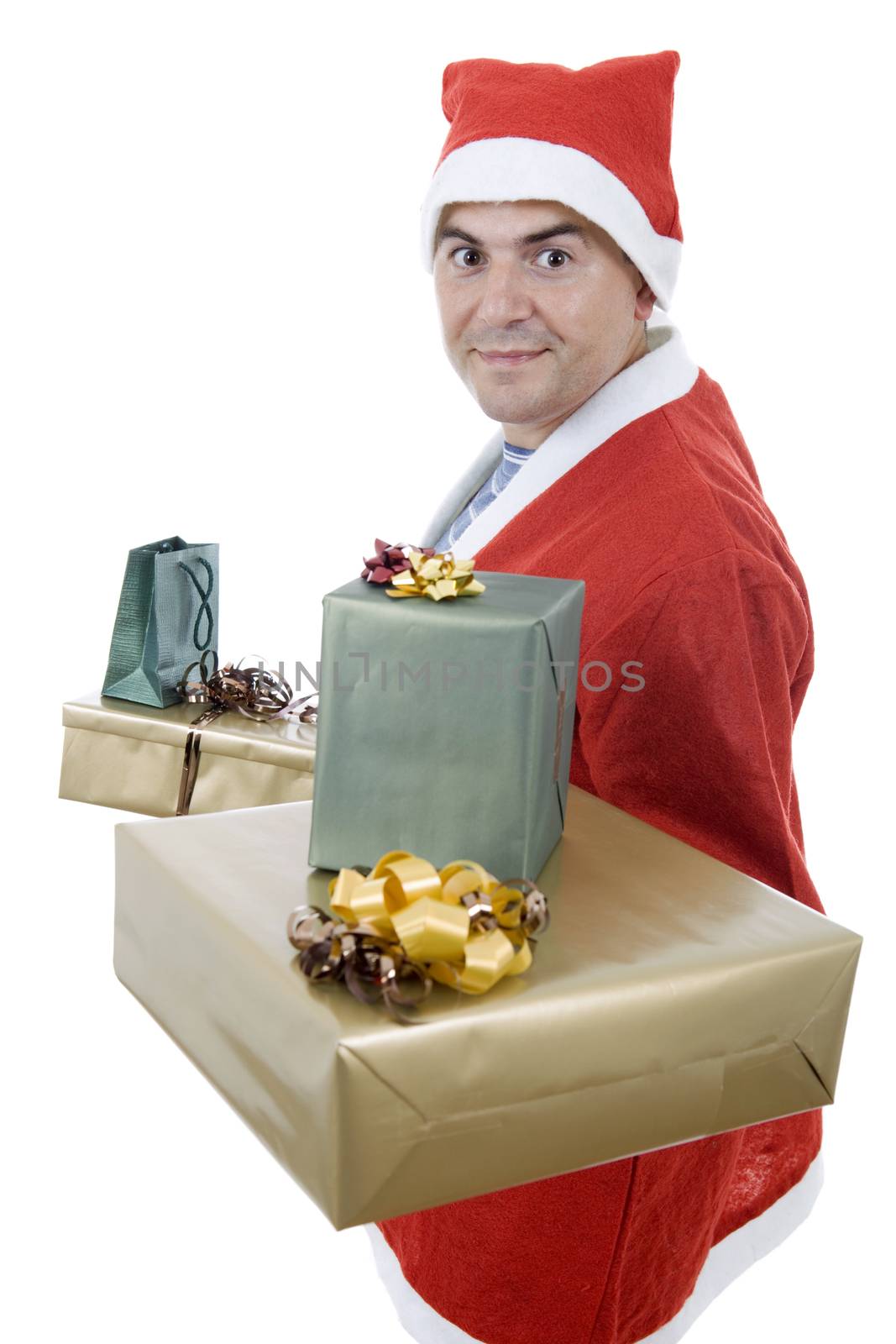 young man with santa hat holding some gifts, isolated