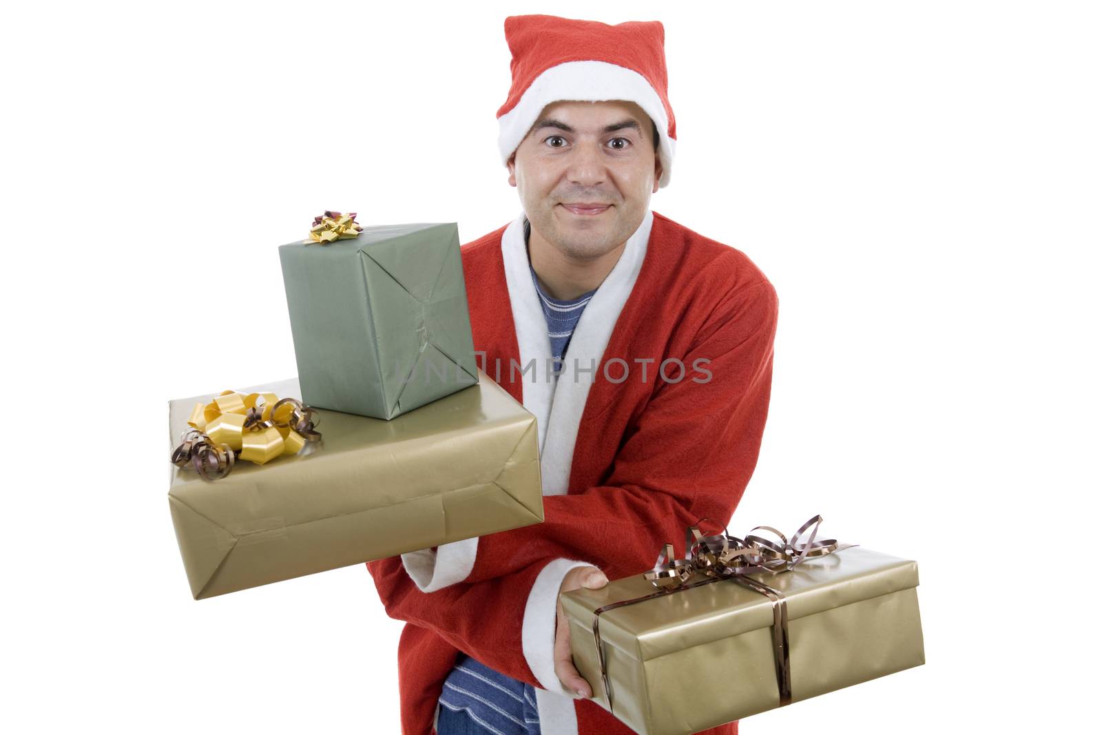 young man with santa hat holding some gifts, isolated