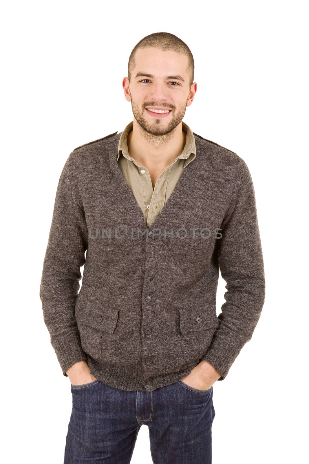 young casual man portrait, isolated on white