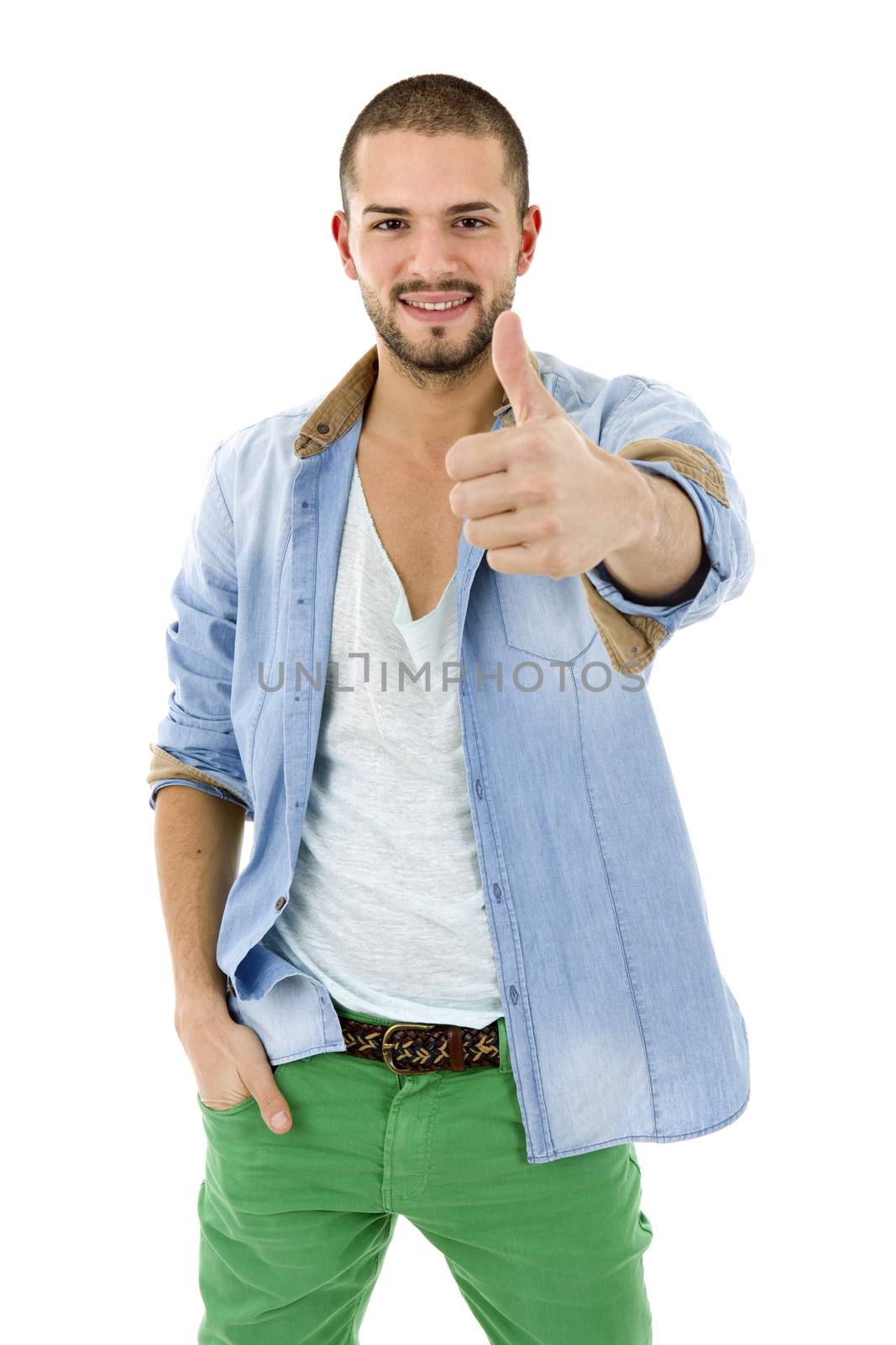 young casual man going thumb up, isolated on white