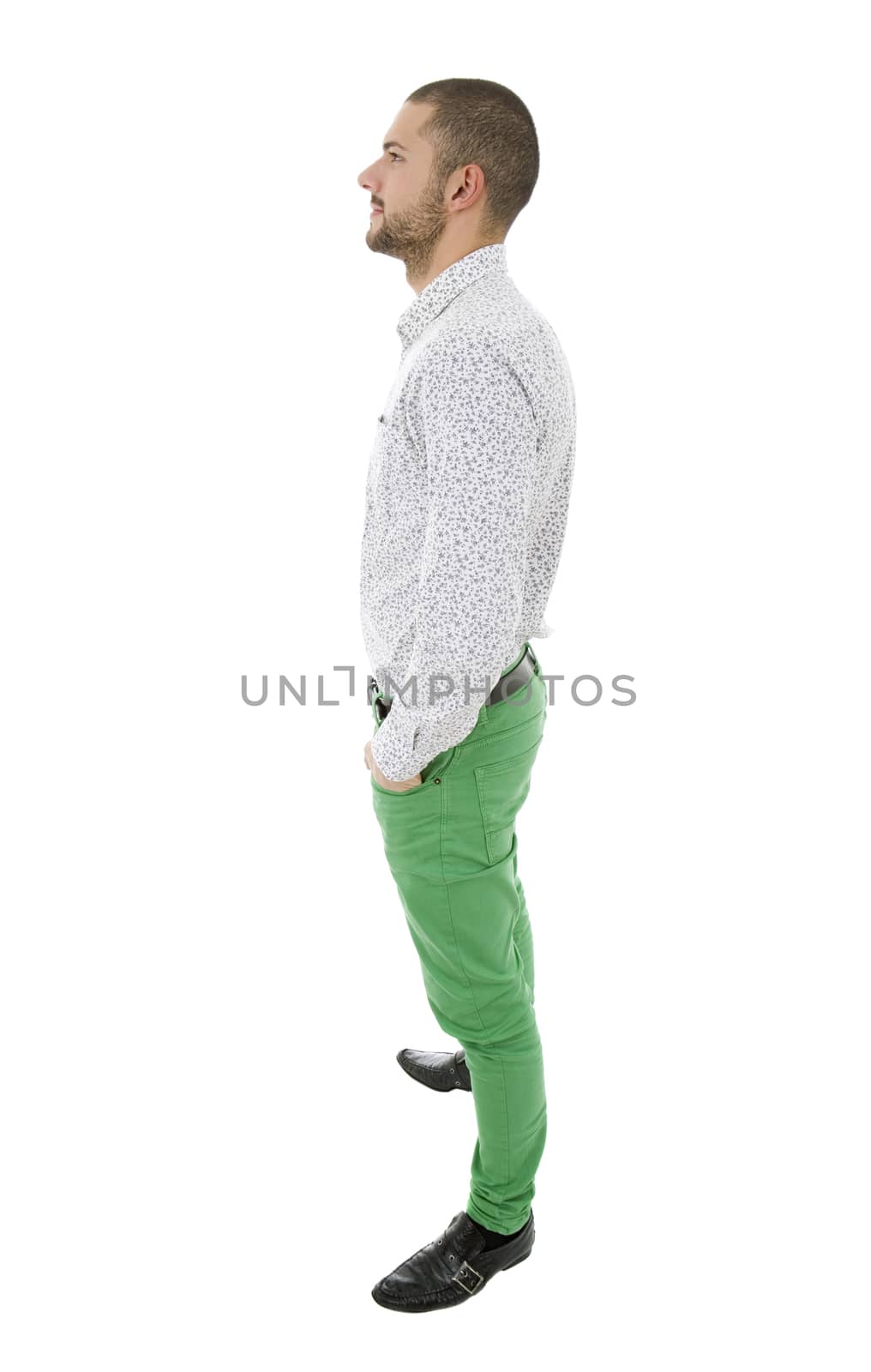 young casual man full body in a white background