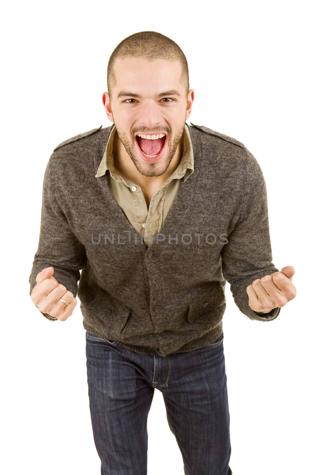 happy young man winning, isolated on white