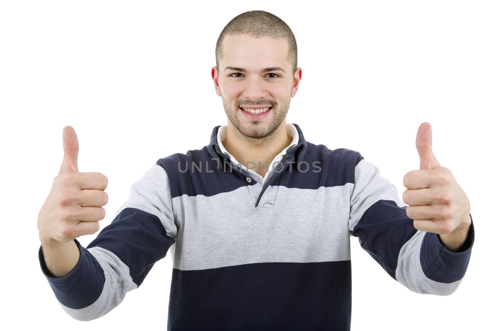 young casual man going thumb up, isolated on white