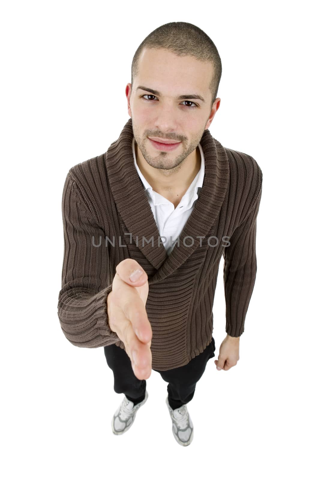 young casual man full body handshake in a white background