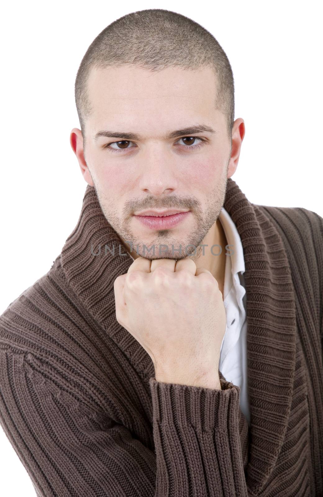 pensive young casual man portrait, isolated on white