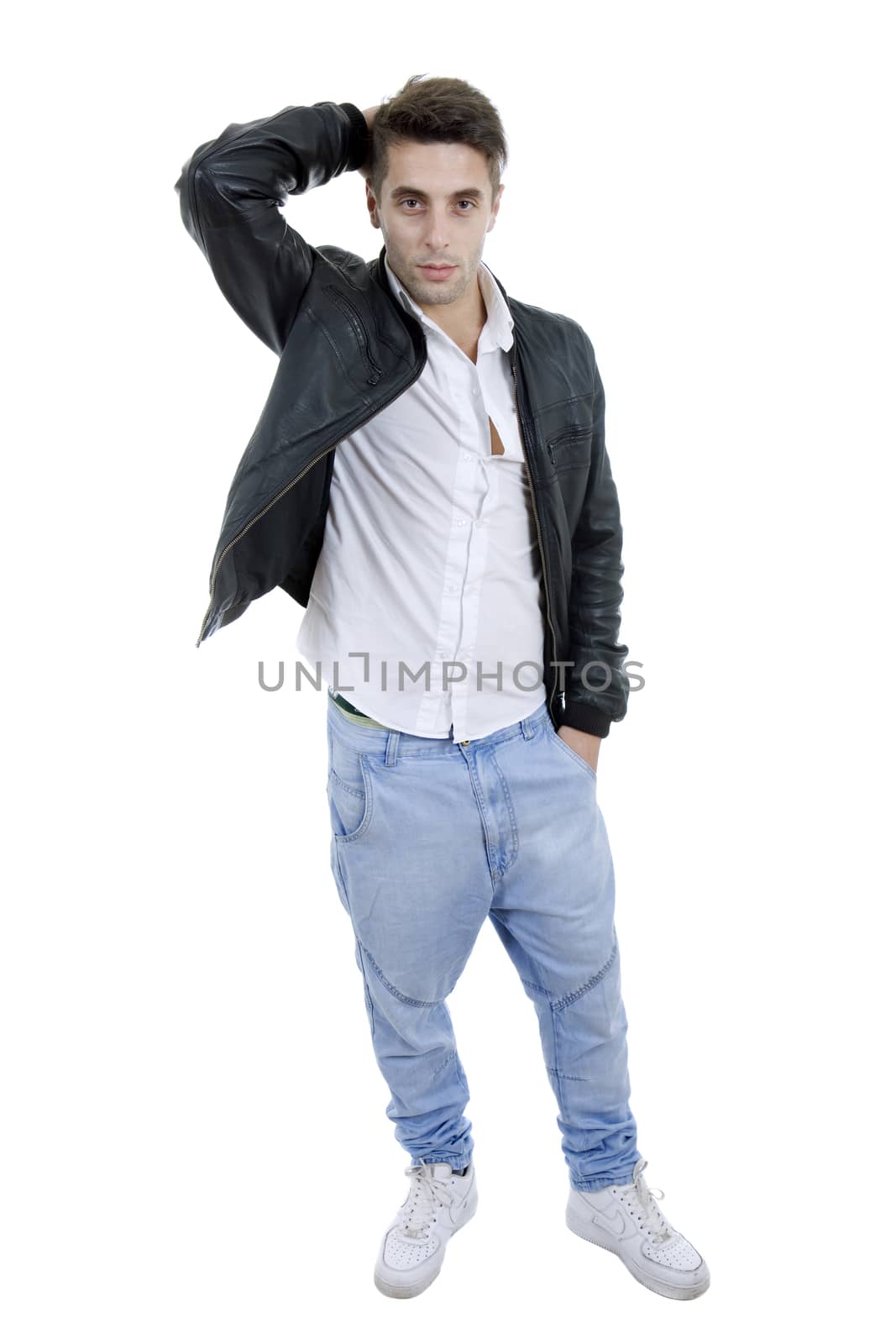 young casual man full body in a white background