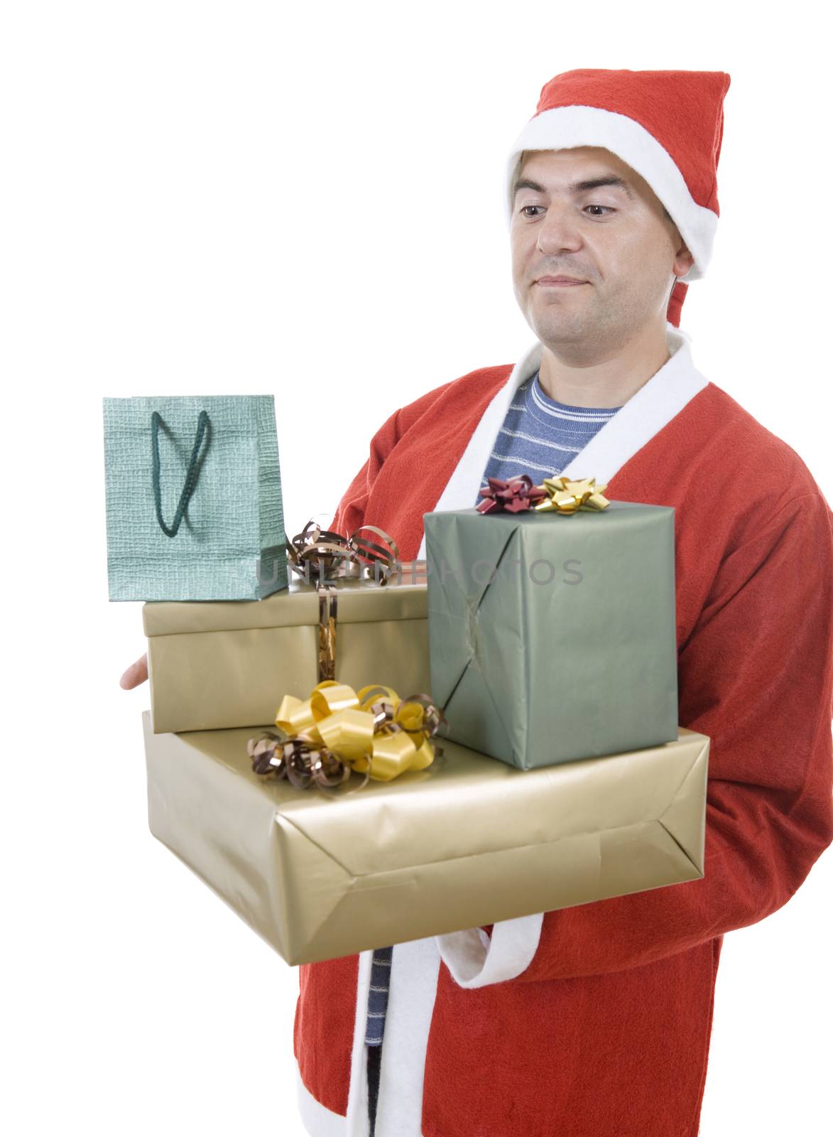 young man with santa hat holding some gifts, isolated