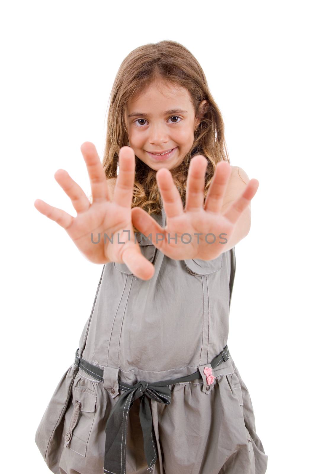 young happy girl making stop, isolated on white