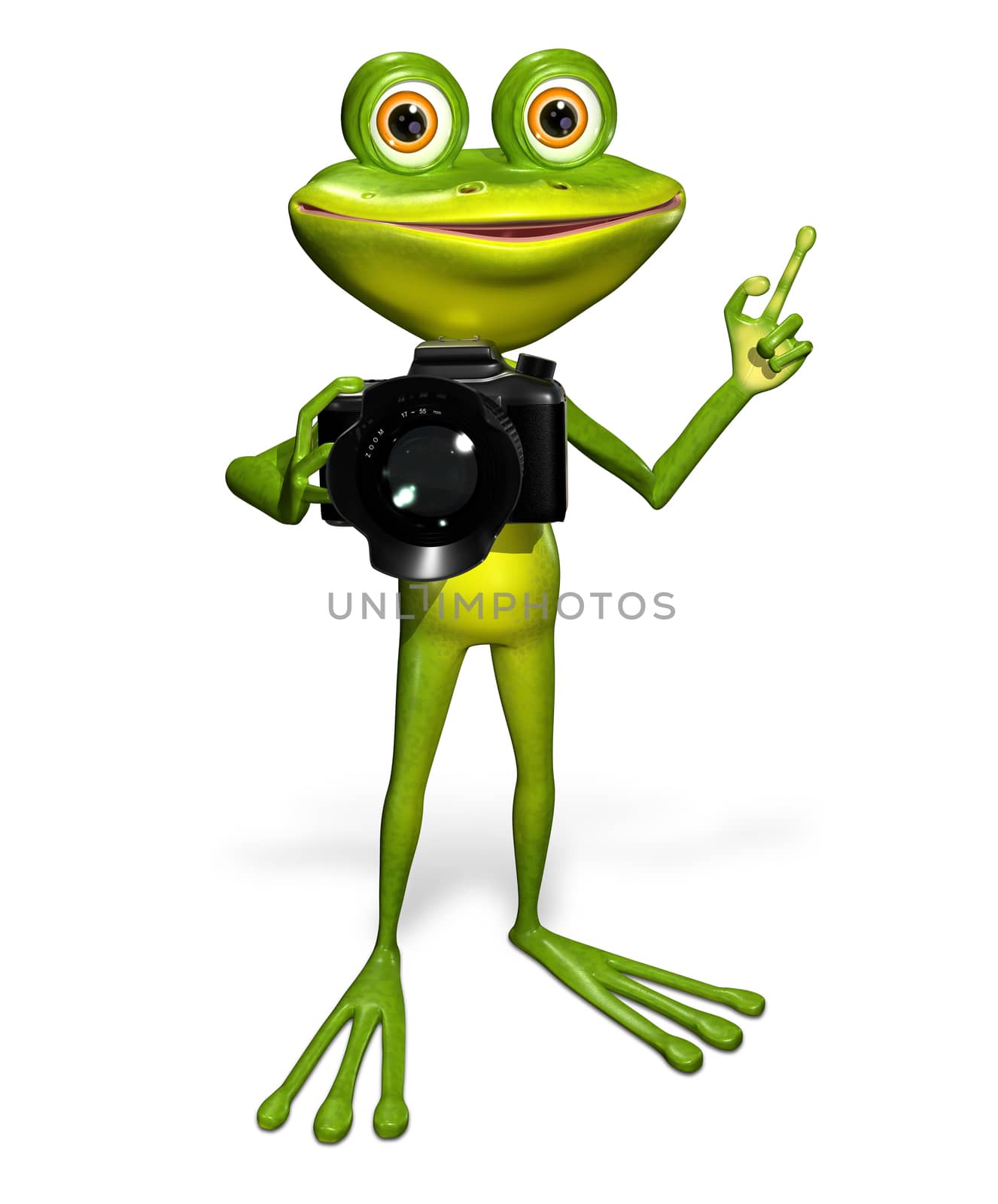 illustration a merry green frog with a camera