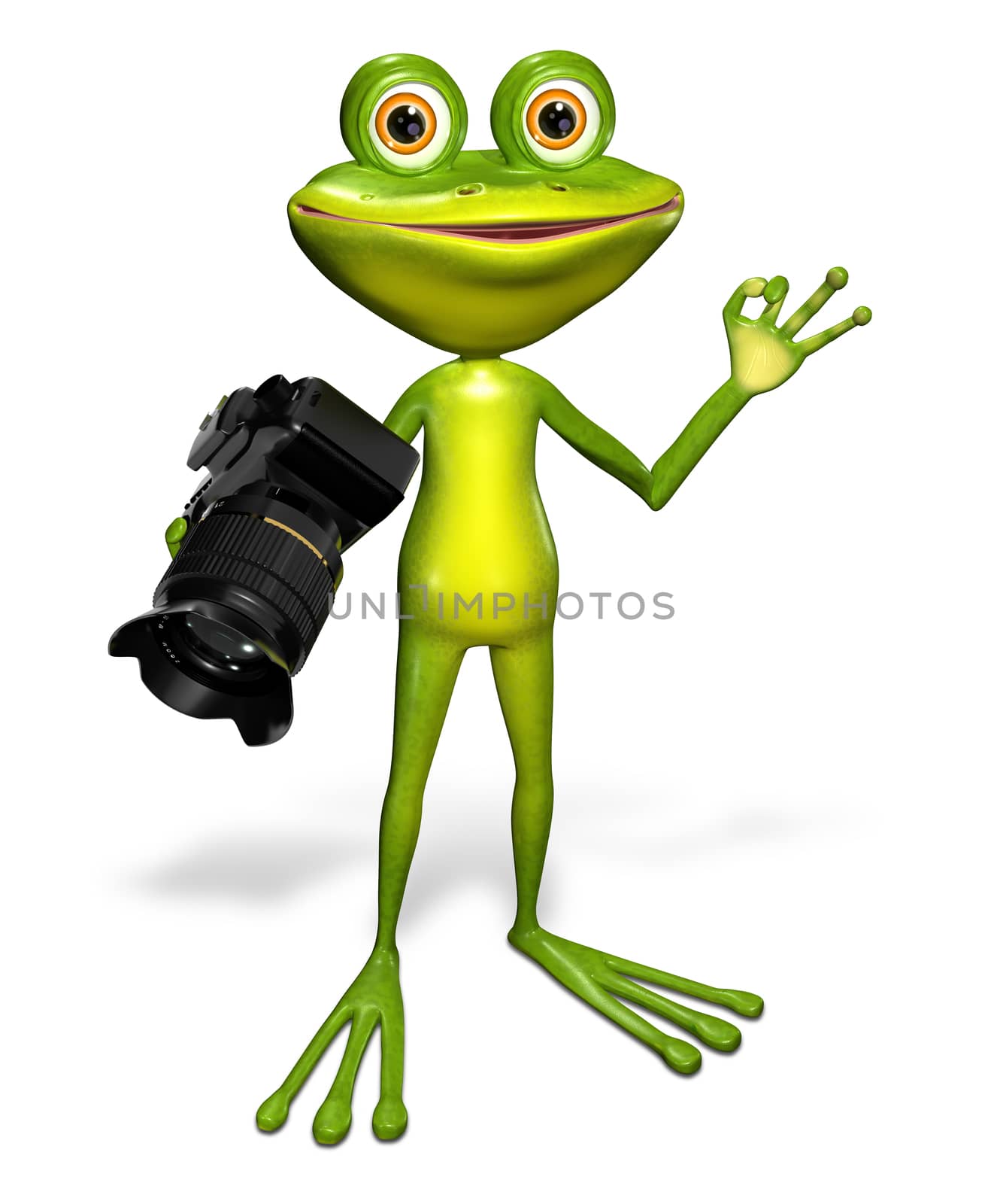 illustration a merry green frog with a camera