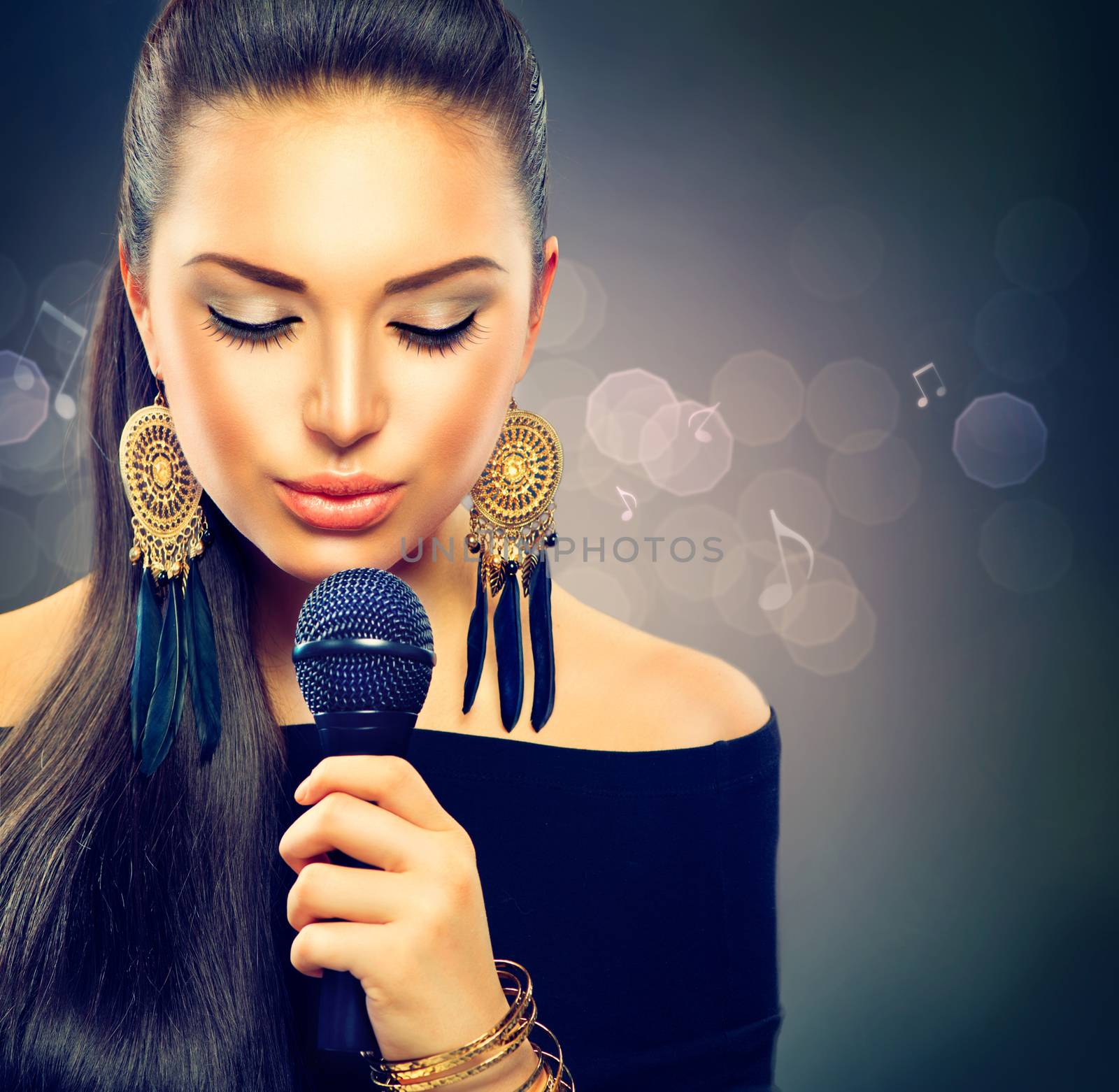 Beautiful Singing Girl. Beauty Woman with Microphone by SubbotinaA