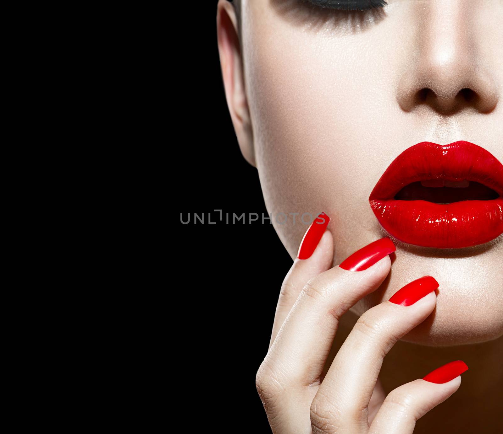 Red Sexy Lips and Nails closeup. Manicure and Makeup by SubbotinaA