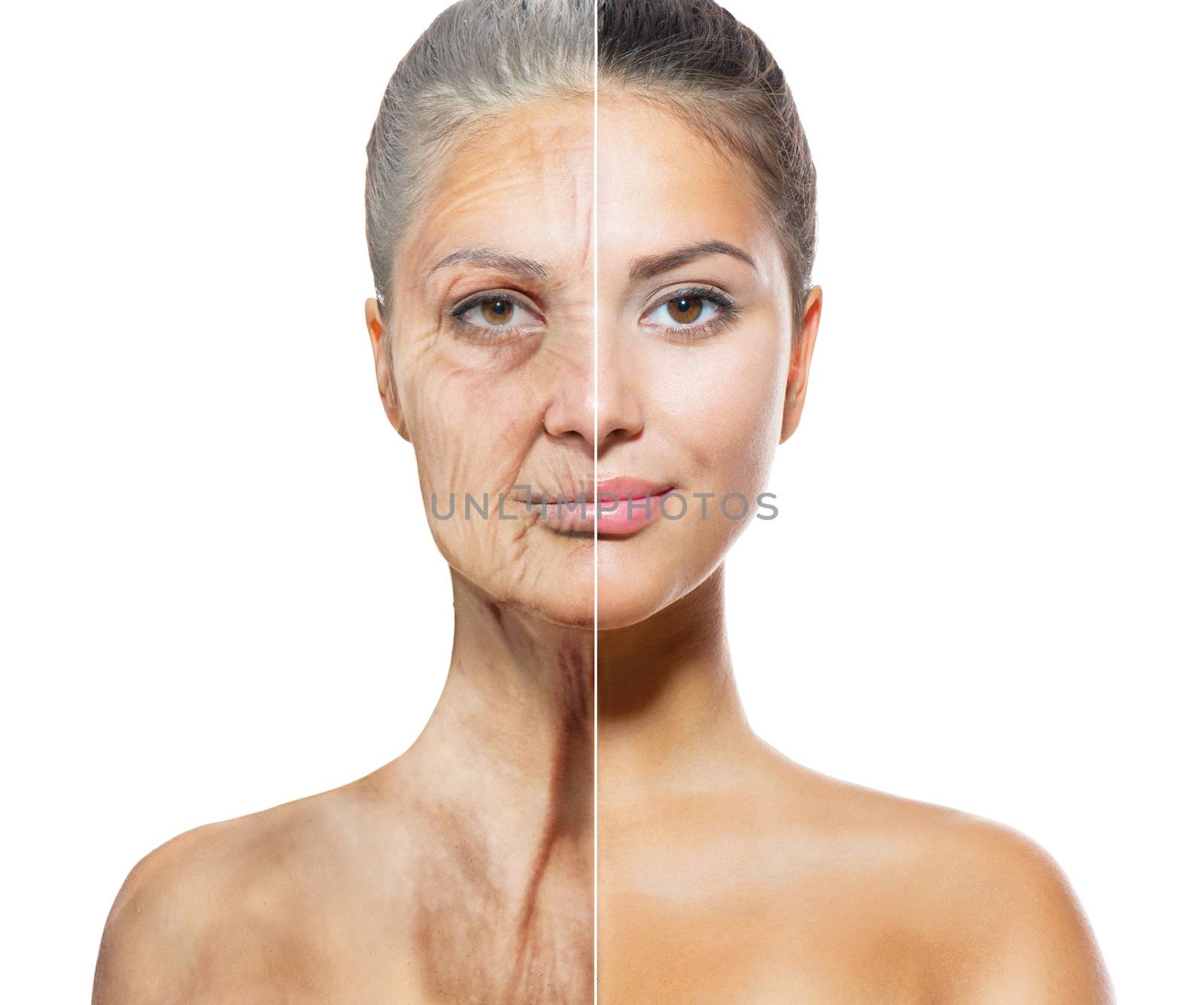 Aging and Skincare Concept. Faces of Young and Old Women by SubbotinaA