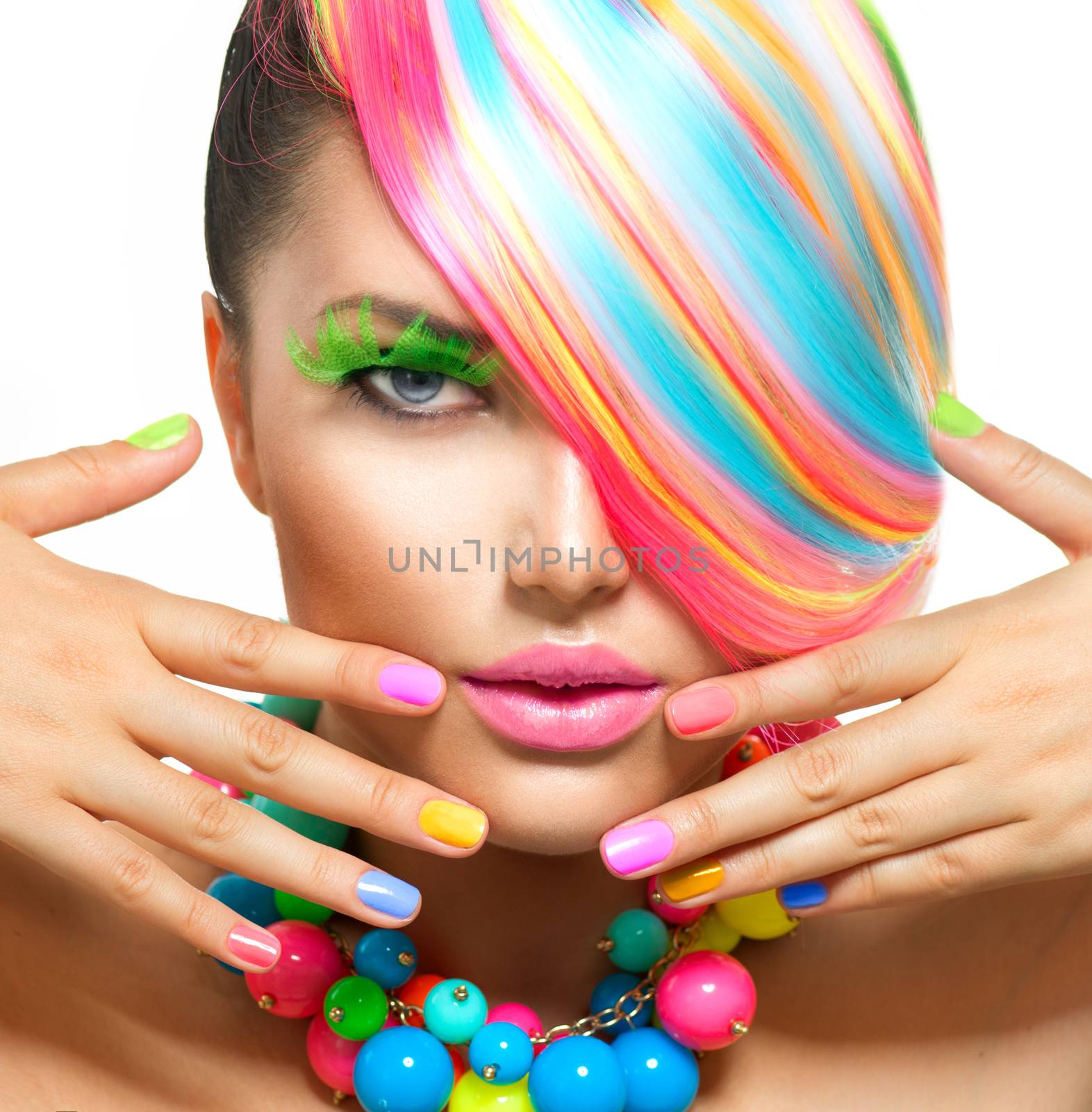 Beauty Girl Portrait with Colorful Makeup, Hair and Accessories by SubbotinaA