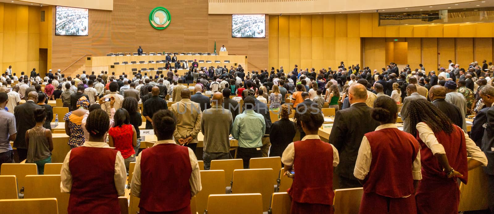 Addis Ababa, Ethiopia - April, 2014: Participants of the of the 20th Anniversary Commemoration of the Rwanda Genocide stand to observe a minute of silence at the AU Nelson Mandela Hall, on 11 April, 2014, in Addis Ababa, Ethiopia