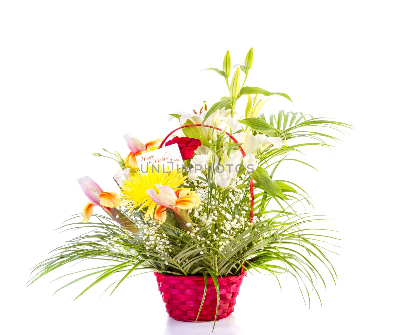 Basket with flowers for Mother on white background