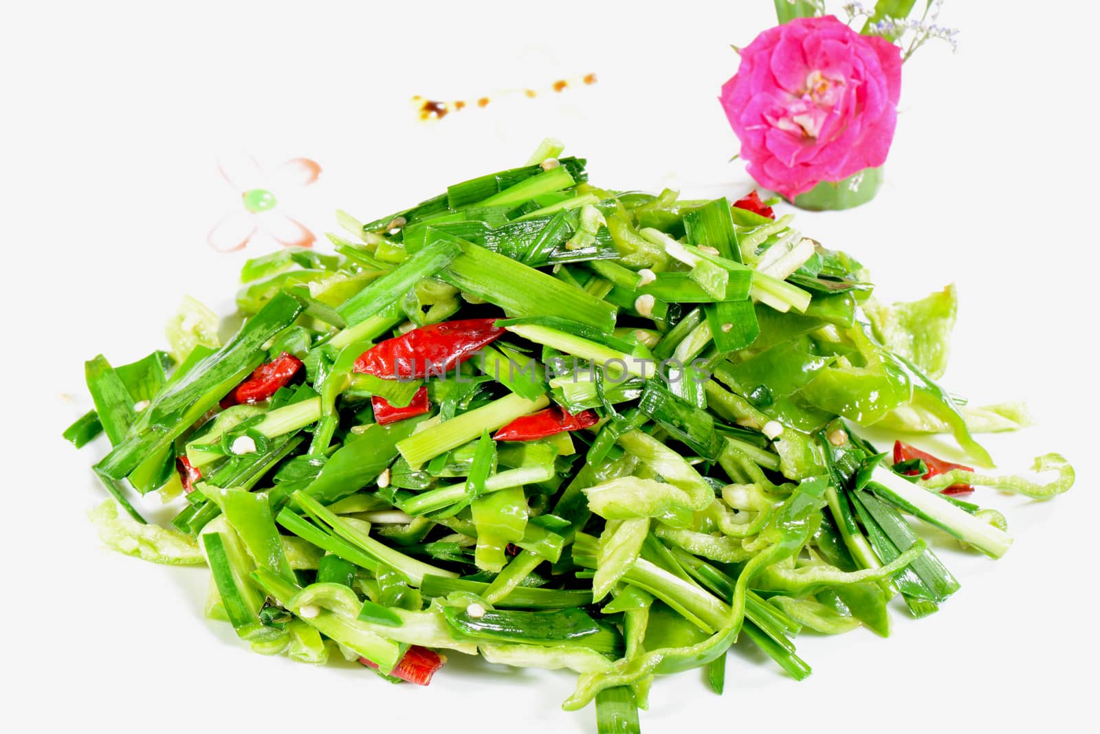 Chinese Food: Fried leek vegetable in a white plate