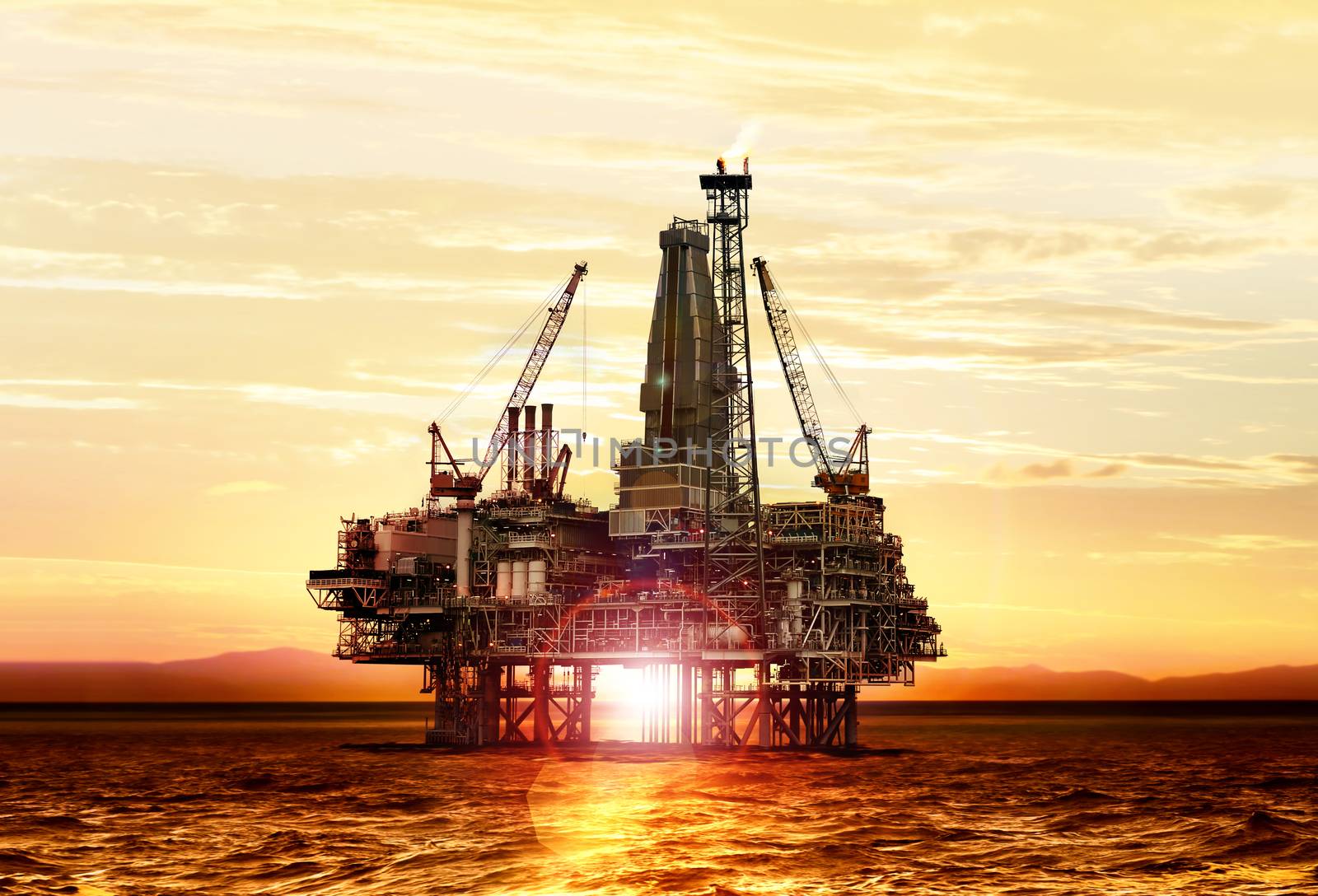 gas production on the sea at sunrise, platform