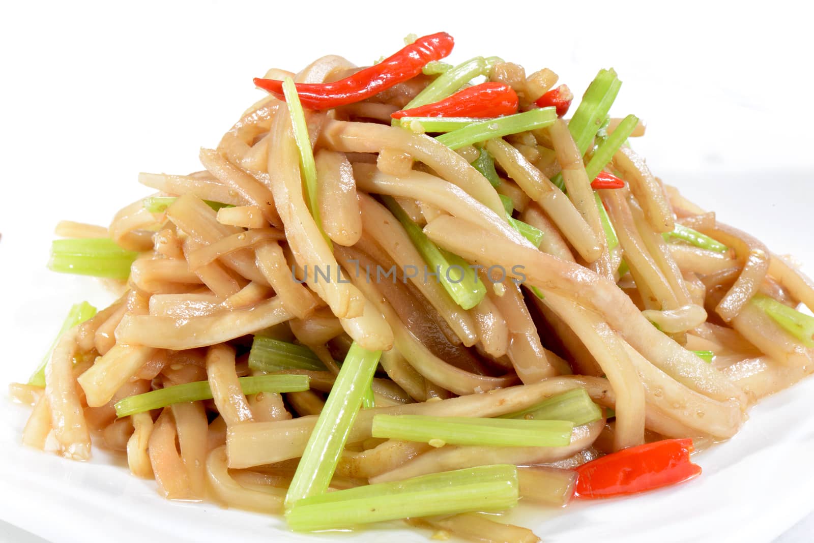 Chinese Food:  Fried eggplant slices in a white plate