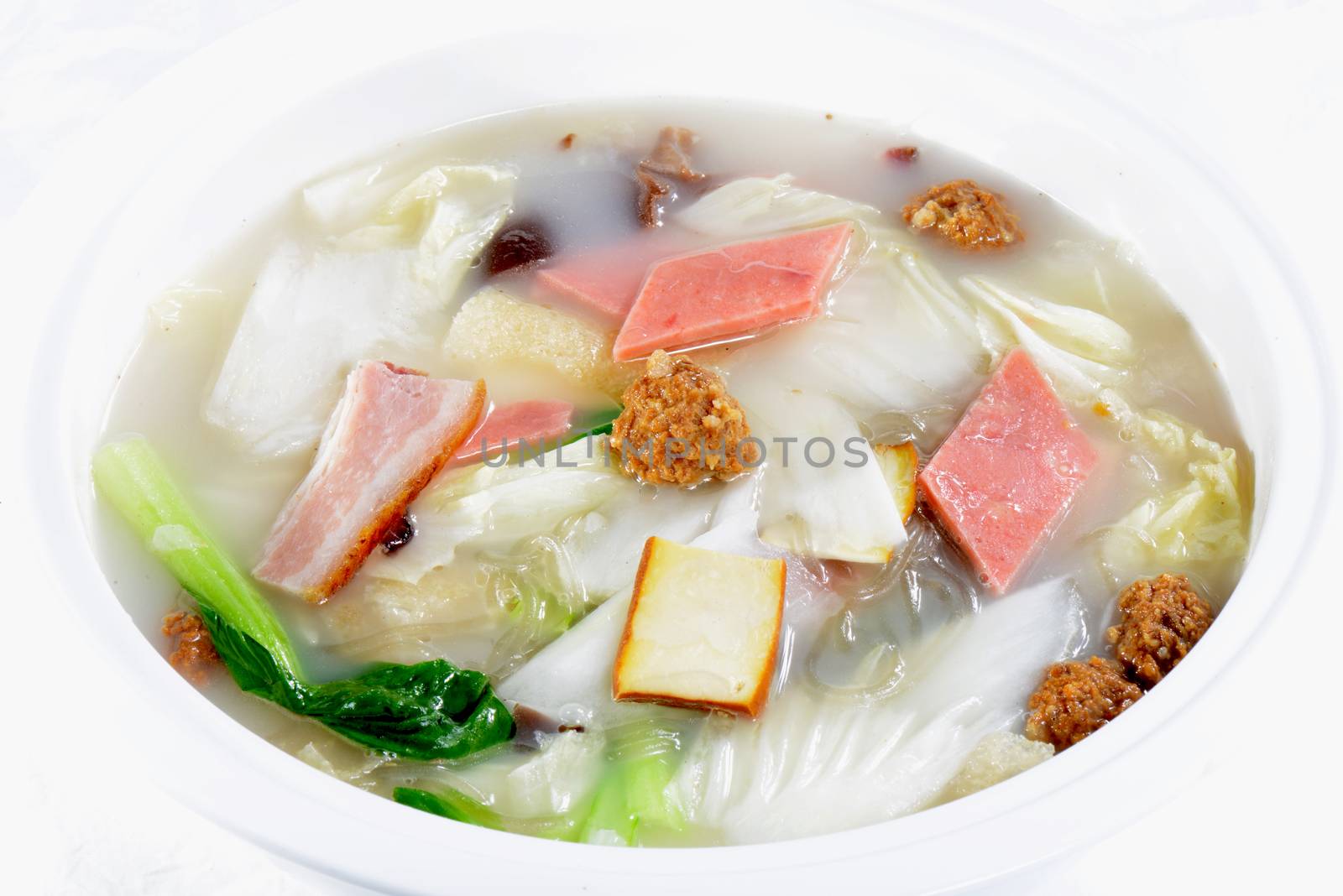 Chinese Food: Vegetable soup in a white pot