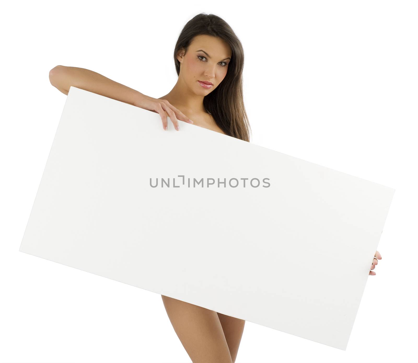 young naked woman cover body with a white advertising display
