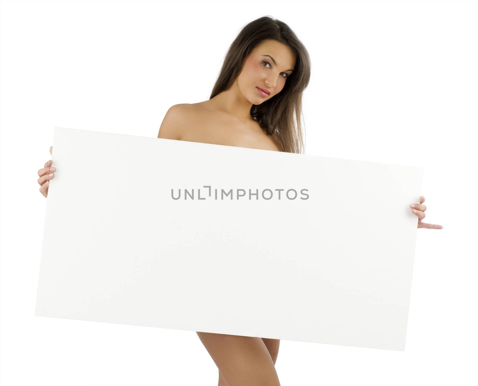 young naked woman cover body with a white advertising display