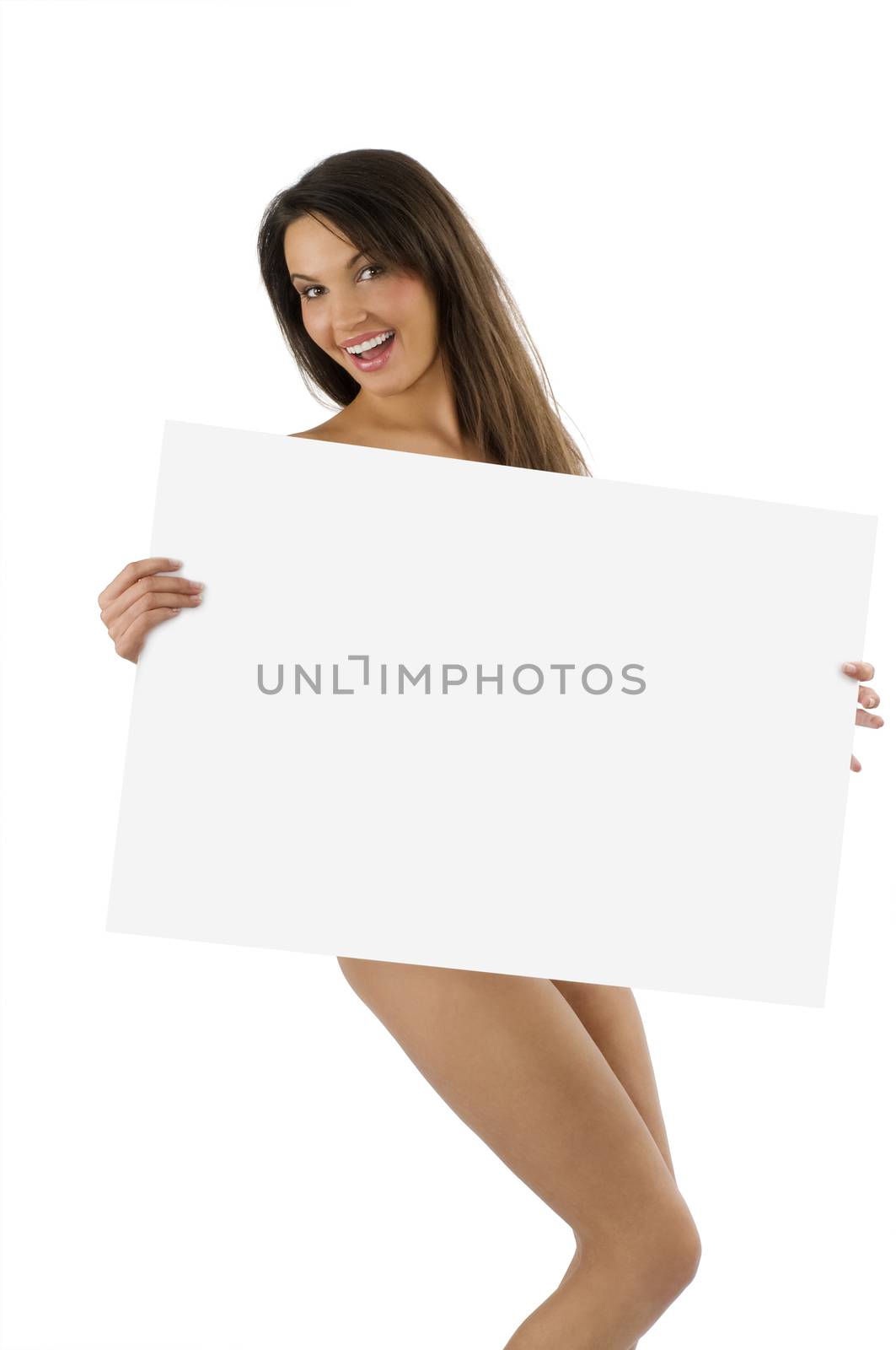 young naked woman with a great smile with a display in front of her body