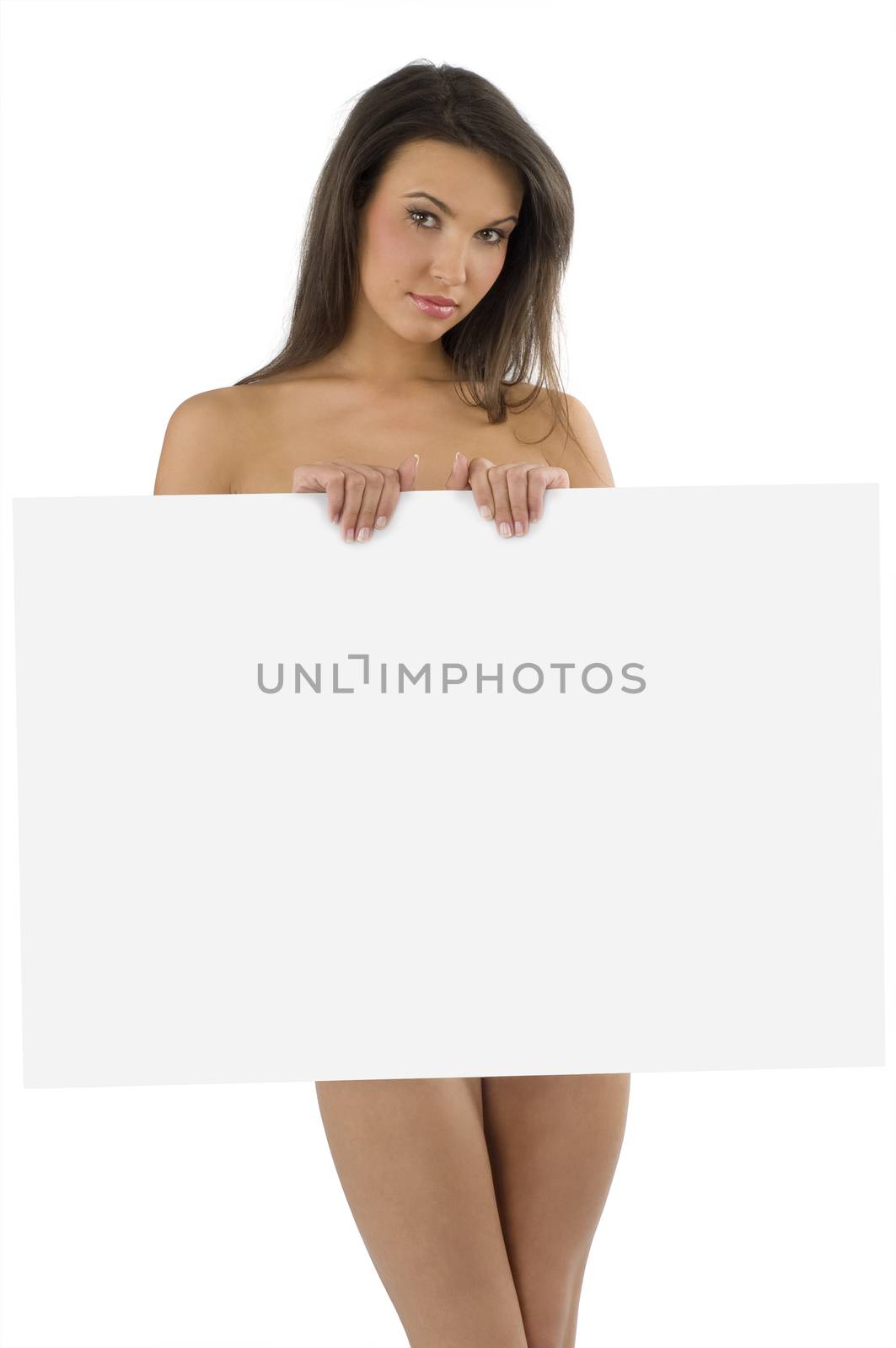 cute and sexy woman covering her naked body with white adv display