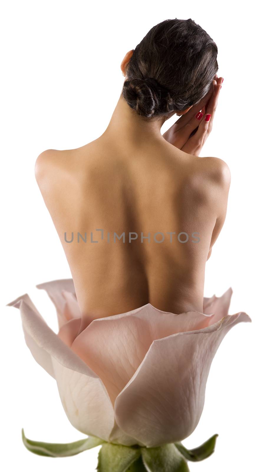 beautiful naked woman coming out from a flower posing like a ballerina