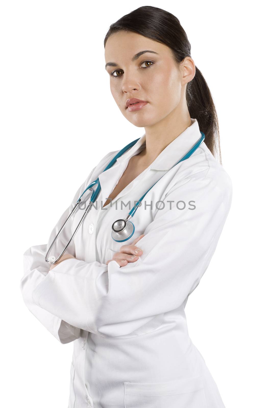 smiling medical doctor woman with stethoscope Isolated over white background