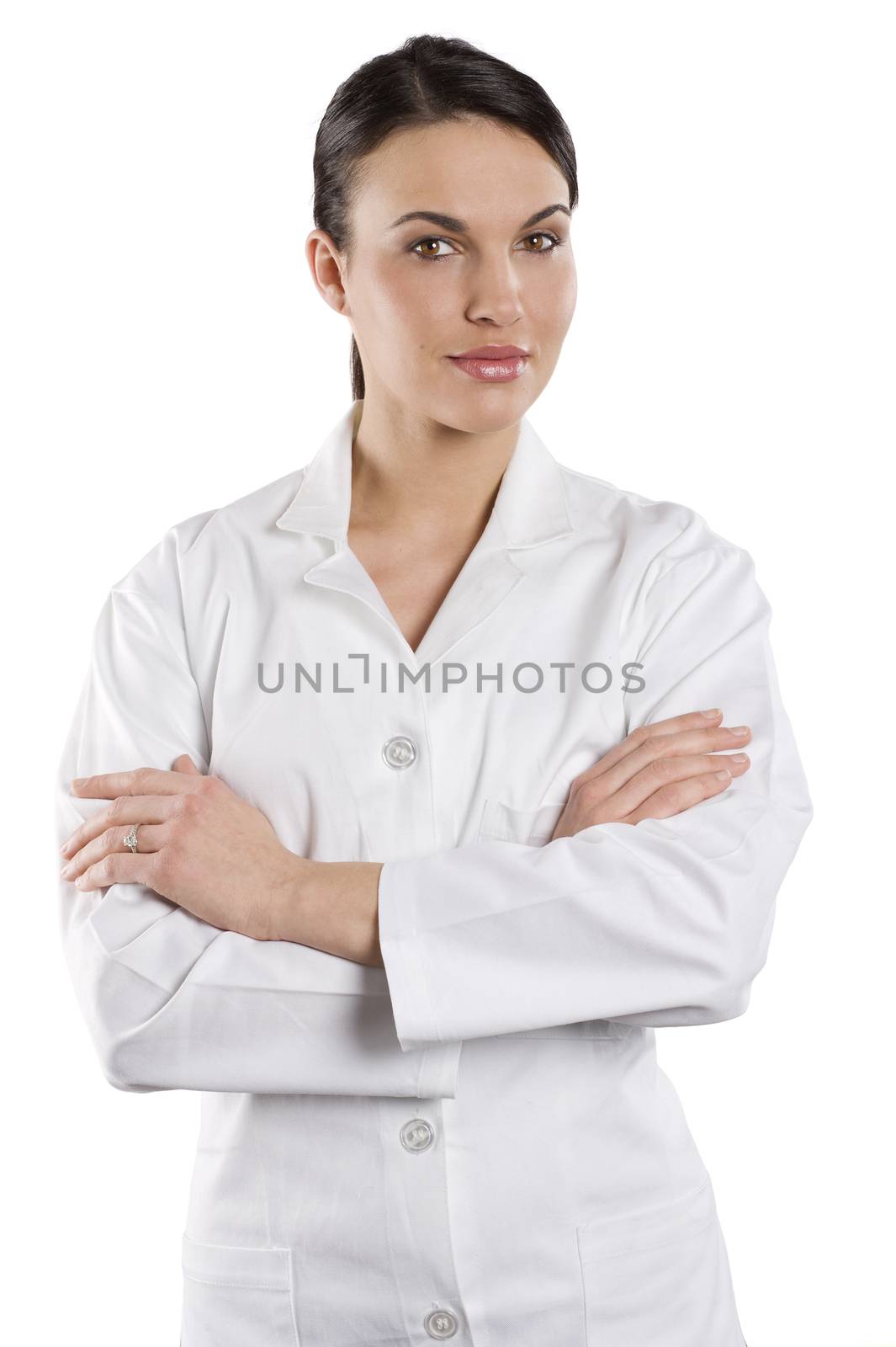 cute brunette woman in white gown as a medical doctor