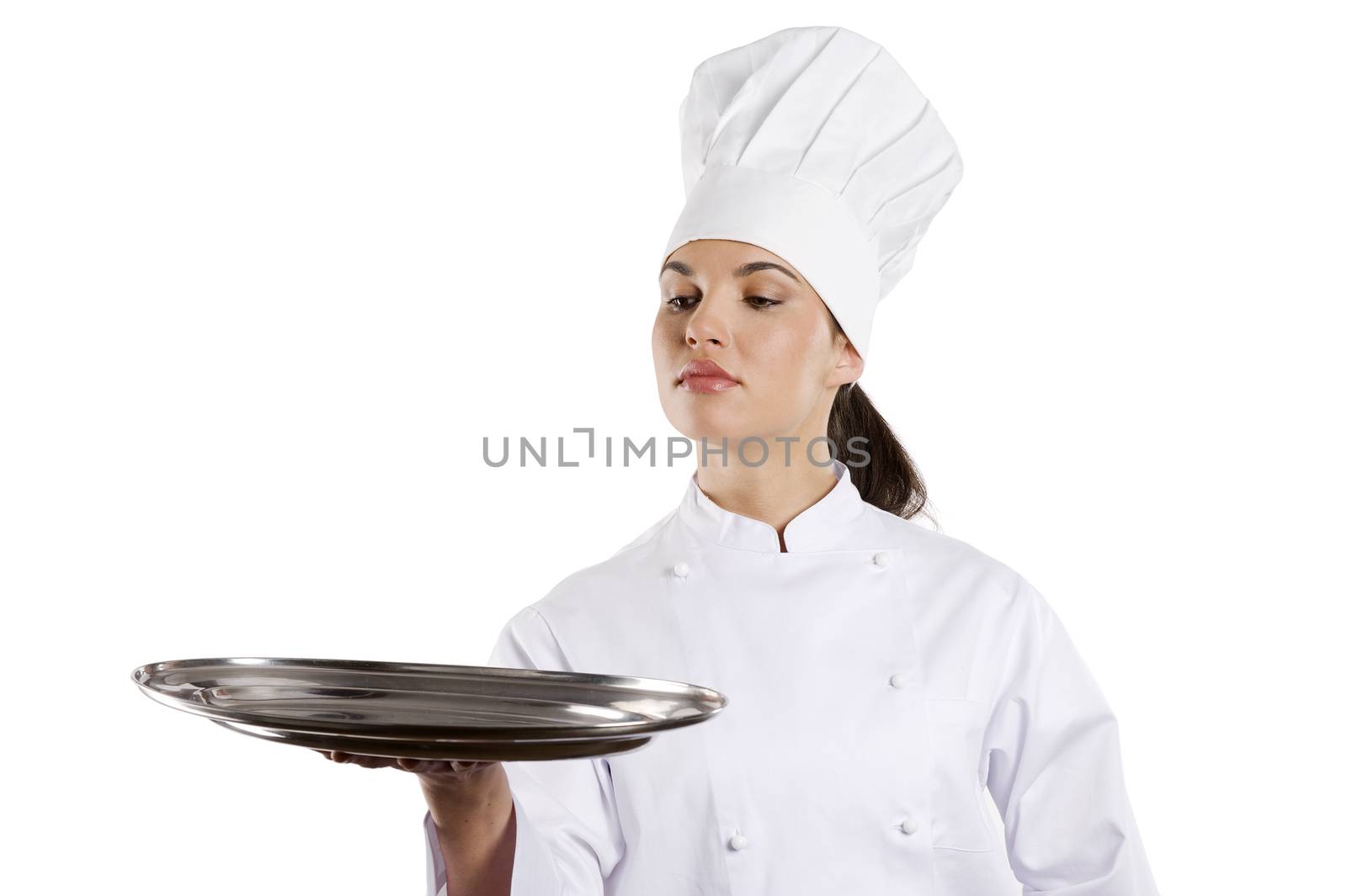young graceful woman dressed as a cook with cap over white backgound with plate