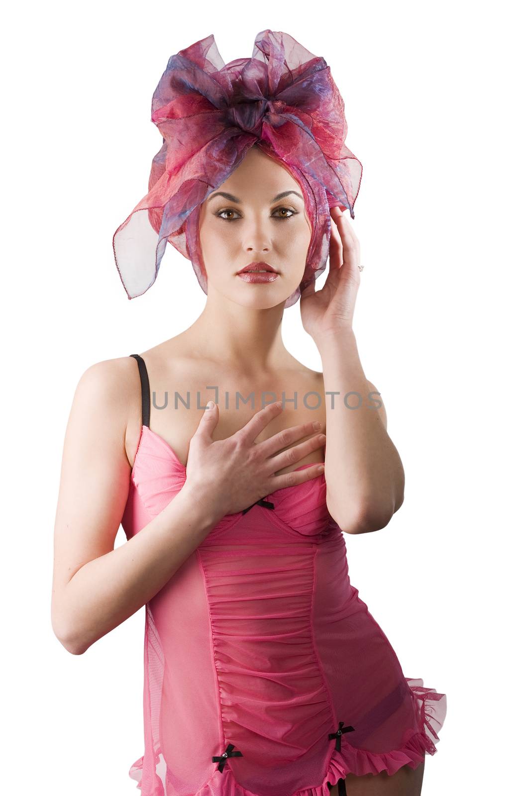 beautiful woman in pink lingerie with a colored headscarf looking like a brasilian girl