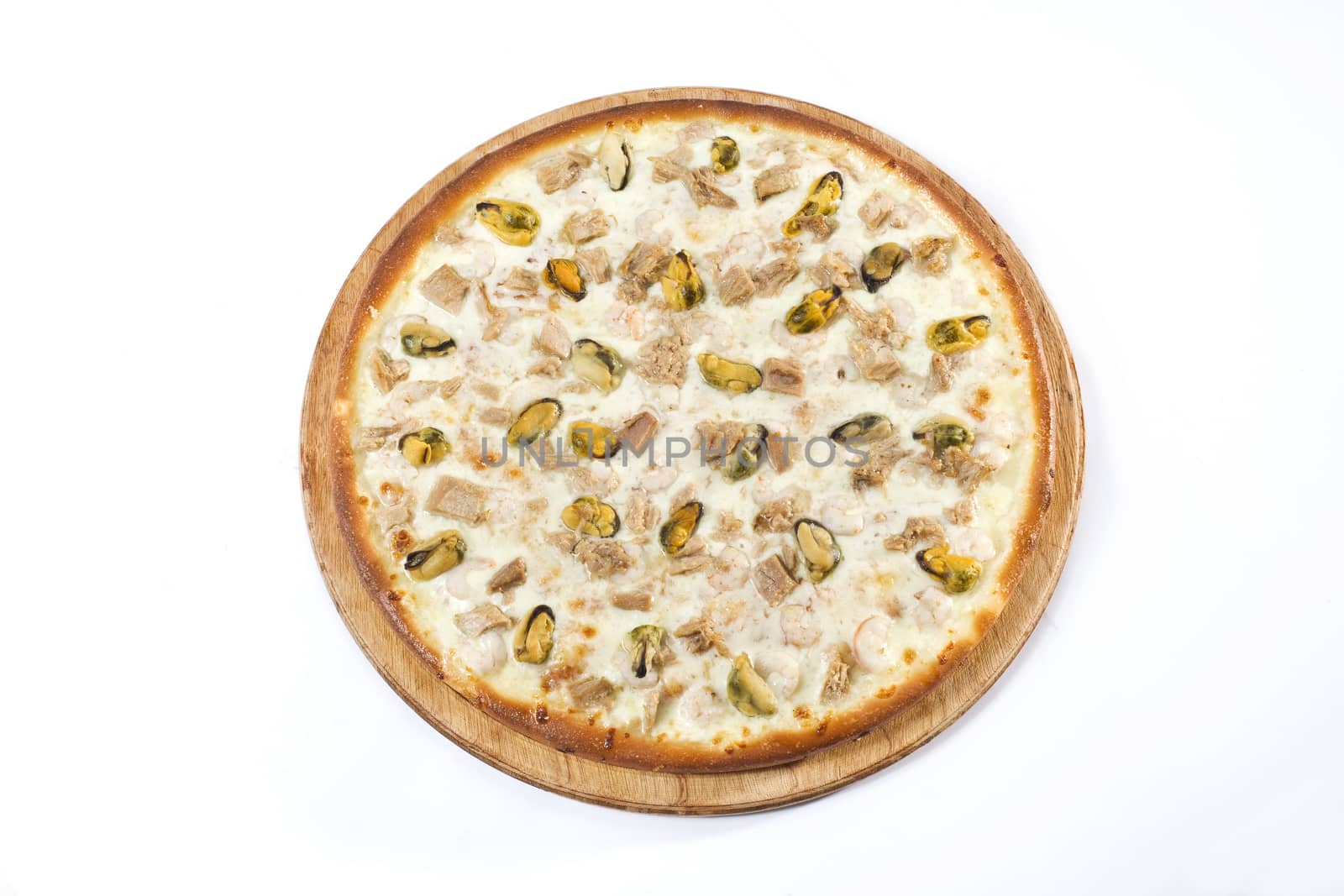 pizza with vegetables, ham, and mushrooms isolated on white