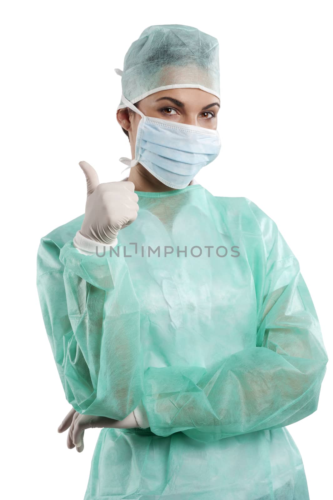 positive doctor woman in surgery dress making a sign with hand