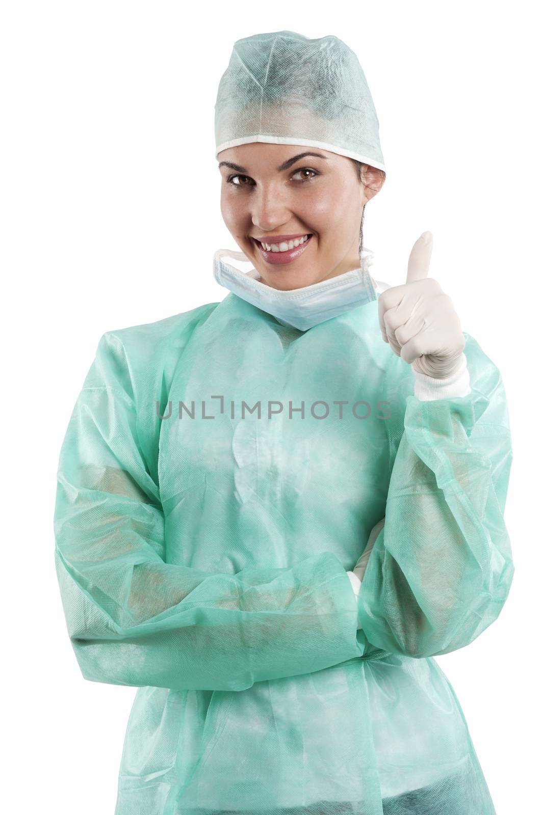 smiling positive pretty nurse wearing a surgery dress with cap isolated over white