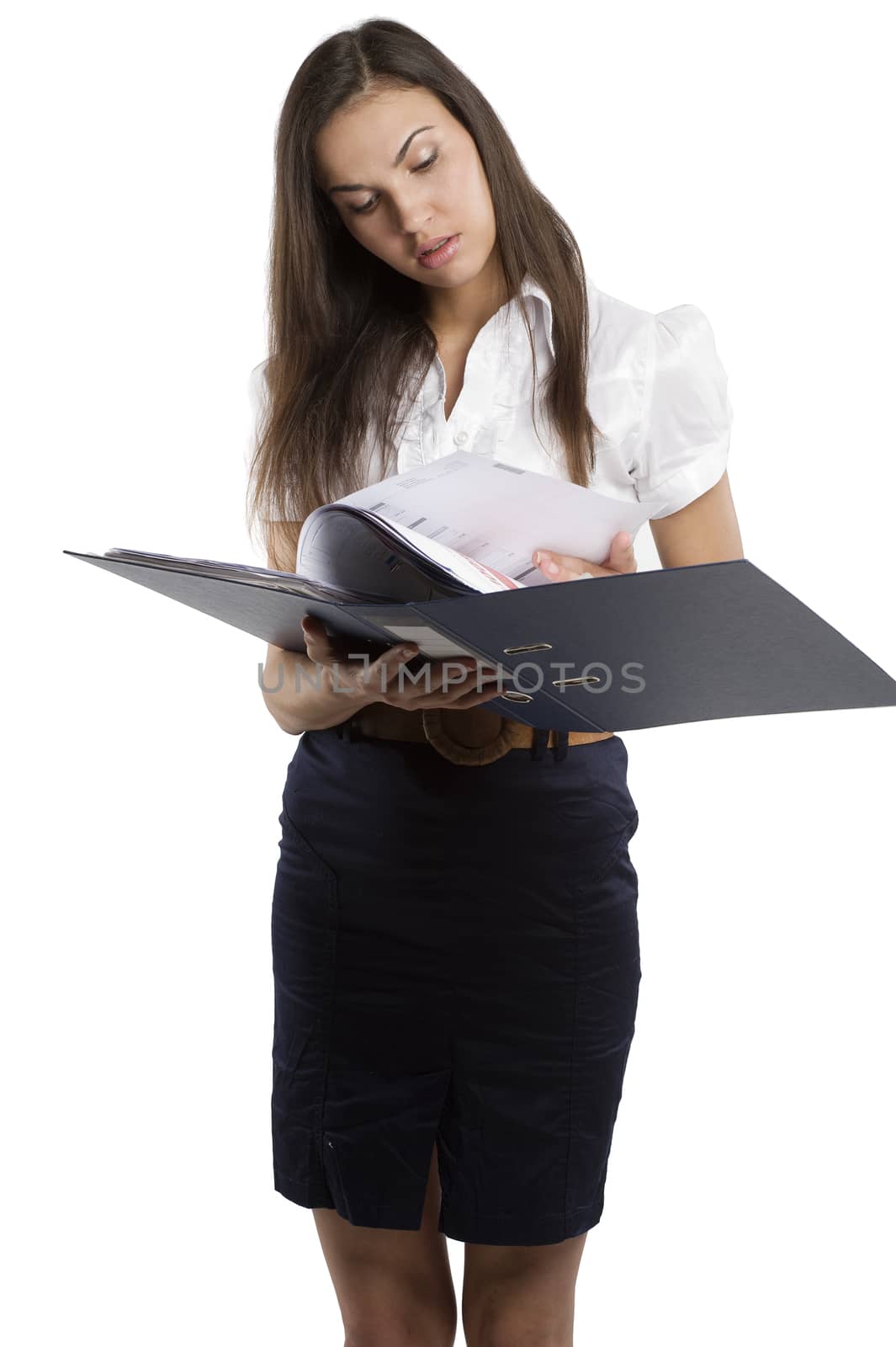 young brunette in formal dress as a office worker with a dark folder