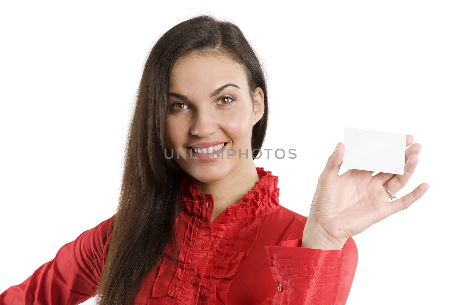 very cute happy woman in red shirt with business card over white