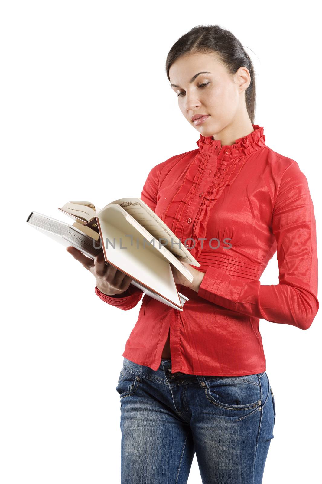 graceful student in red shirt reading a book isolated over white