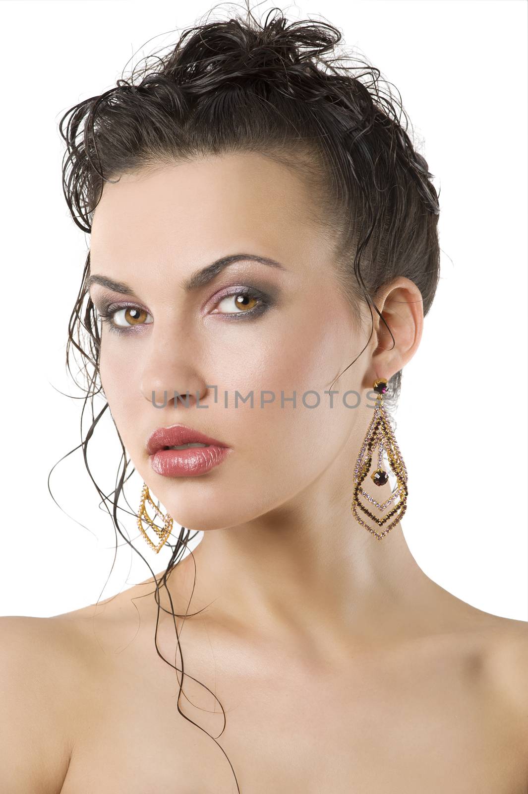 young beautiful brunette woman with hair style and nice jewellery