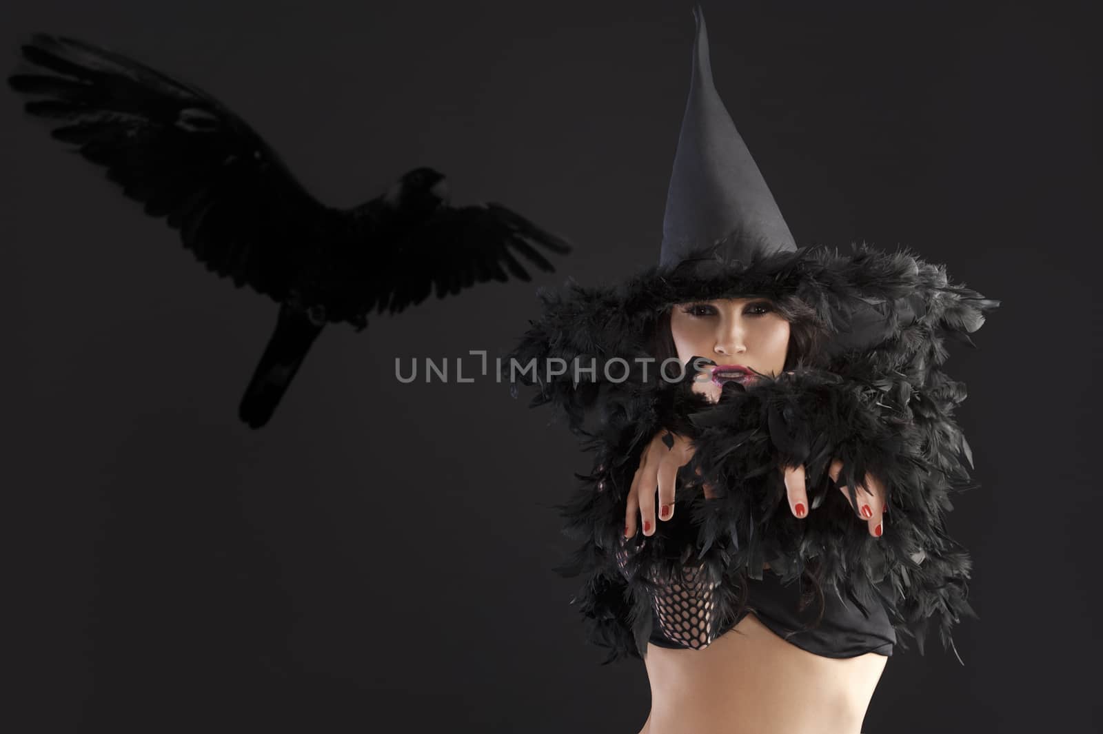 close up portrait of a cute girl in witch black dress and hat with scary pose towards the camera against gray background