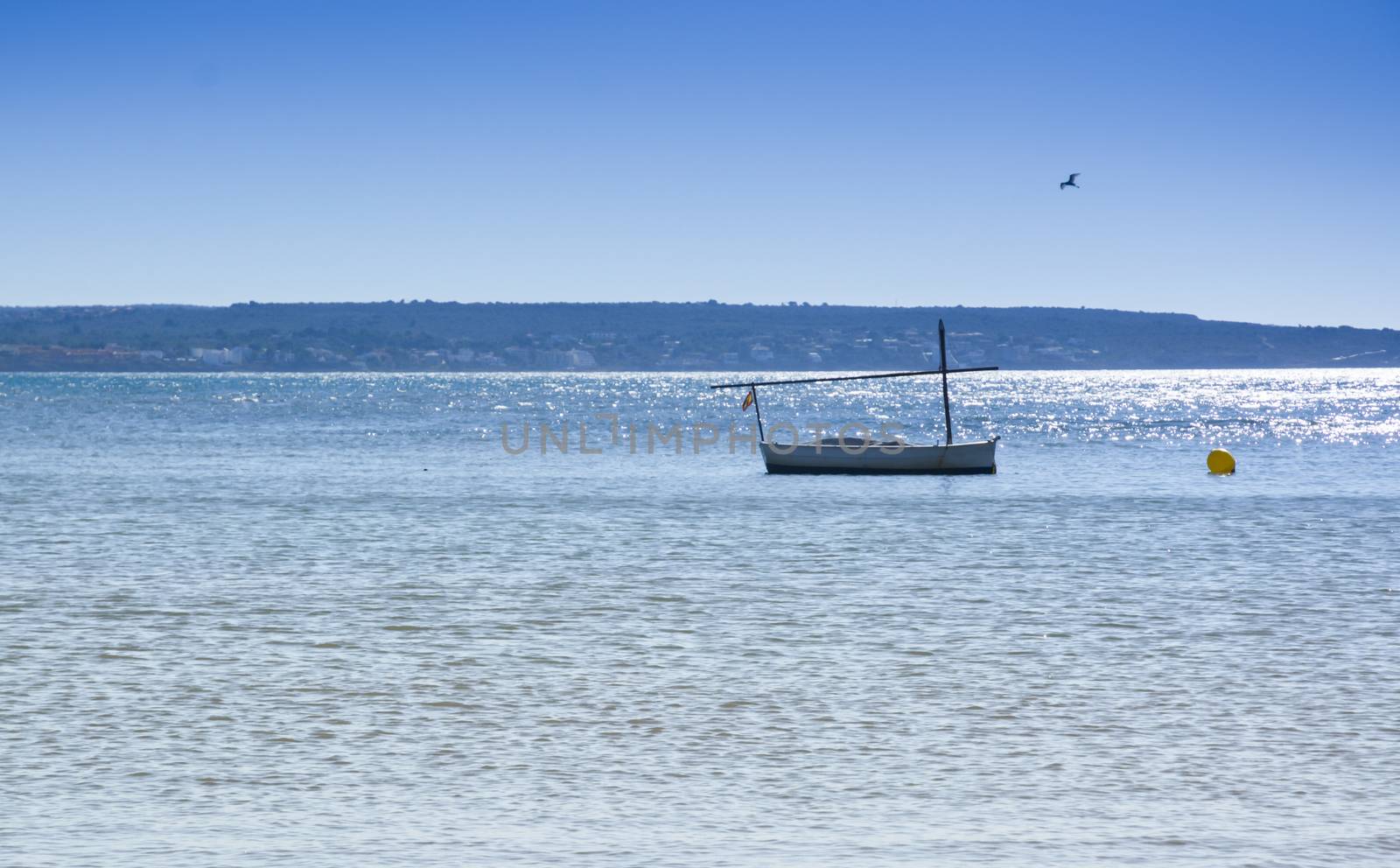 Traditional Majorcan boat - llaut. Traditional llaut moored by a yellow buoy, glittering ocean, seagull and blue sky. Summertime, Majorca, Balearic islands, Spain.