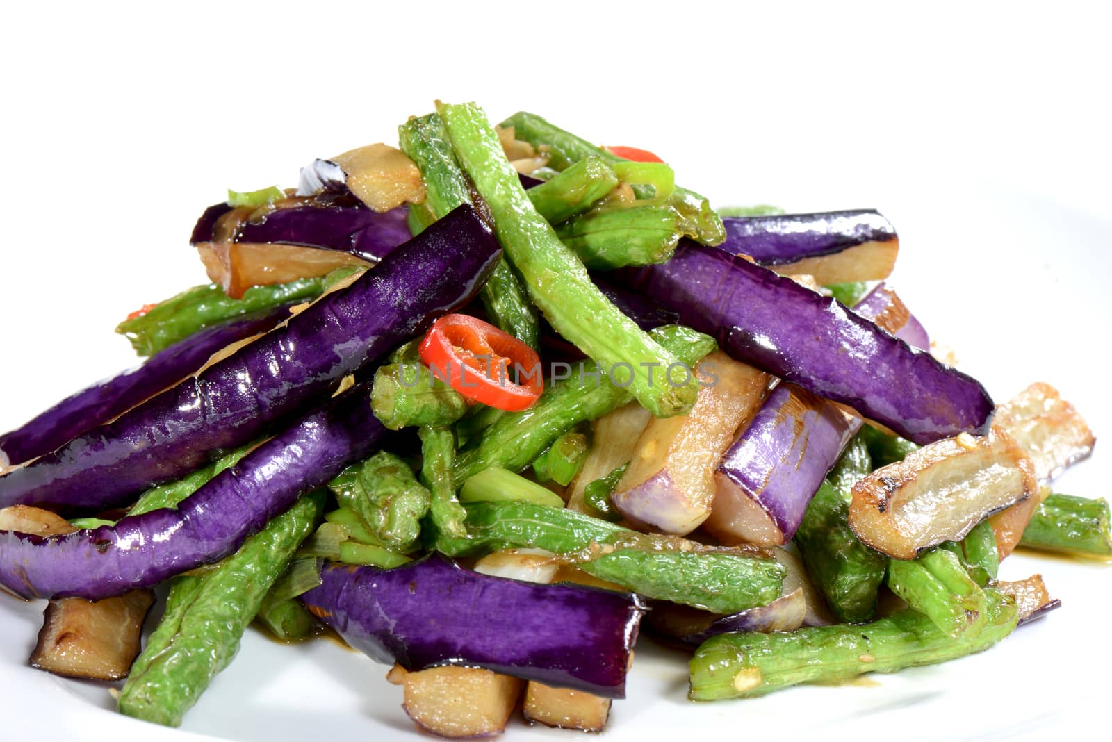 Chinese Food:  Fried eggplant slices in a white plate