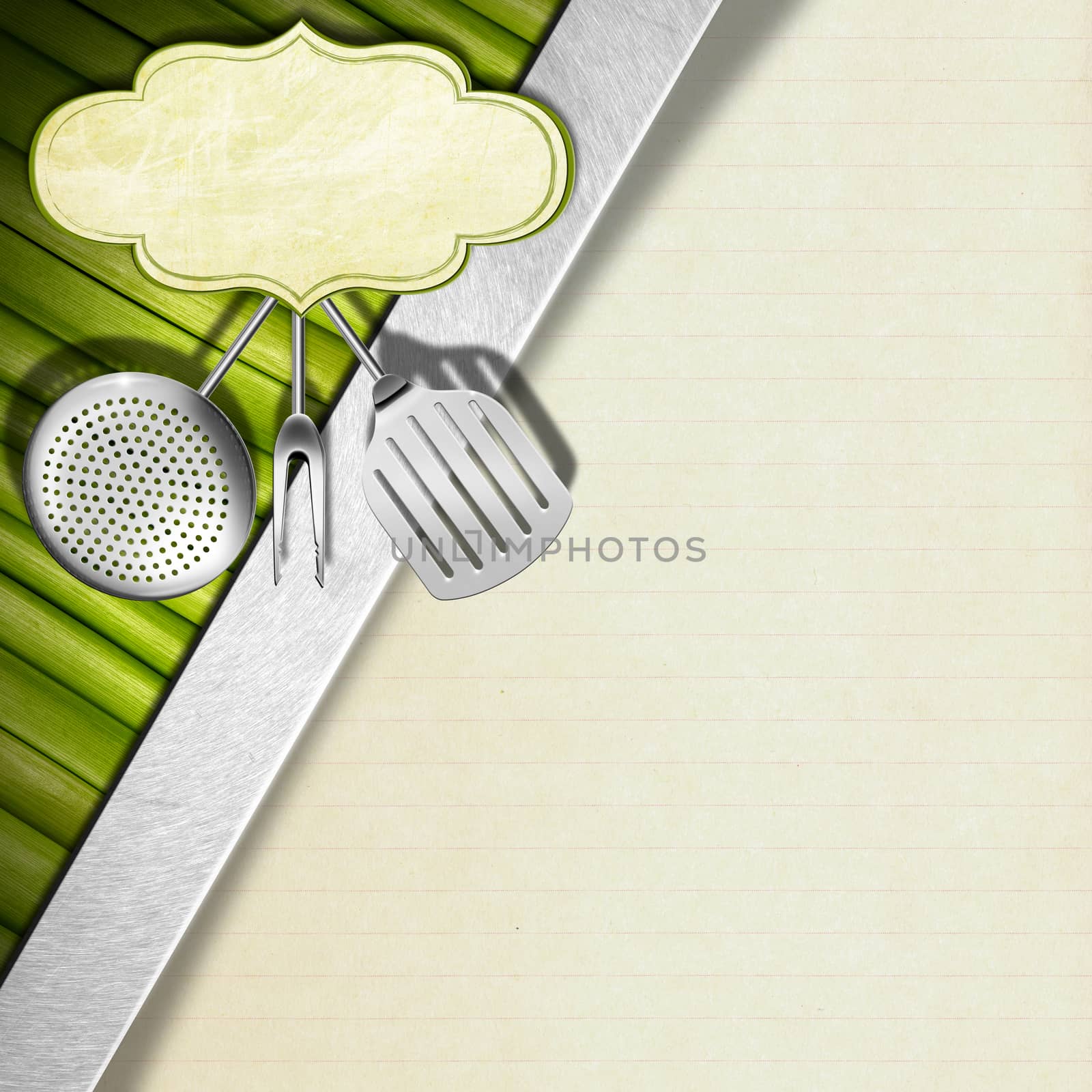 Background with green vegetables, kitchen utensils and empty label, diagonal metallic stripe and paper sheet, template for a Vegan Menu
