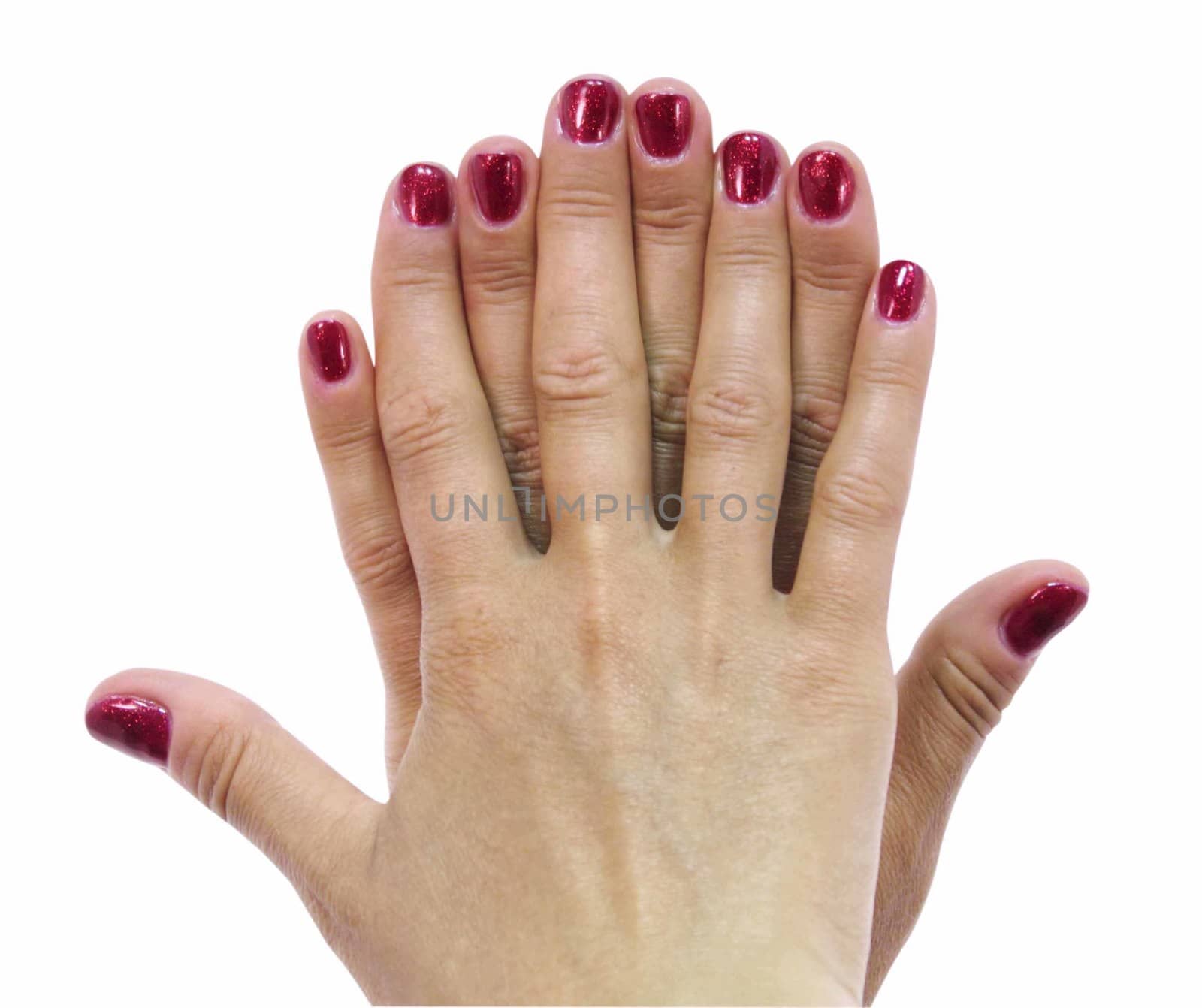  two women hands with red nails on a white background 