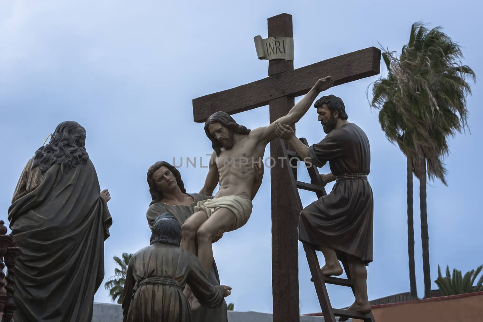 Linares, Jaen province, SPAIN -  April 6, 2012: Brotherhood of the Holy Christ of the descent, work of the Spanish sculptor Victor de los Rios, Linares, Jaen province, Andalusia, Spain