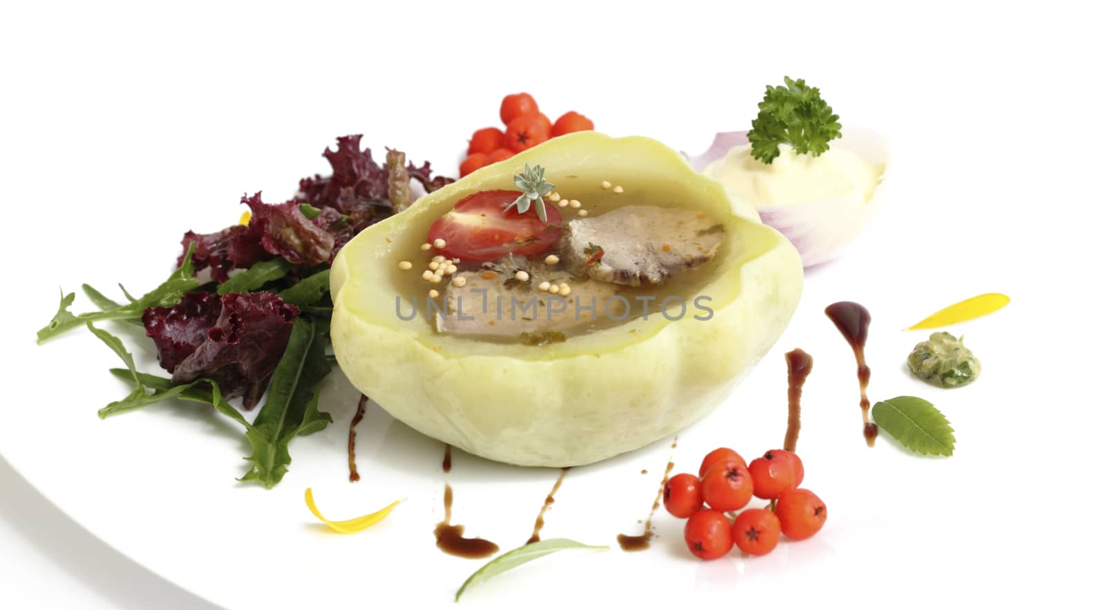 Close up tongue in  jelly stuffed into patty ,served with salad and mayonnaise 