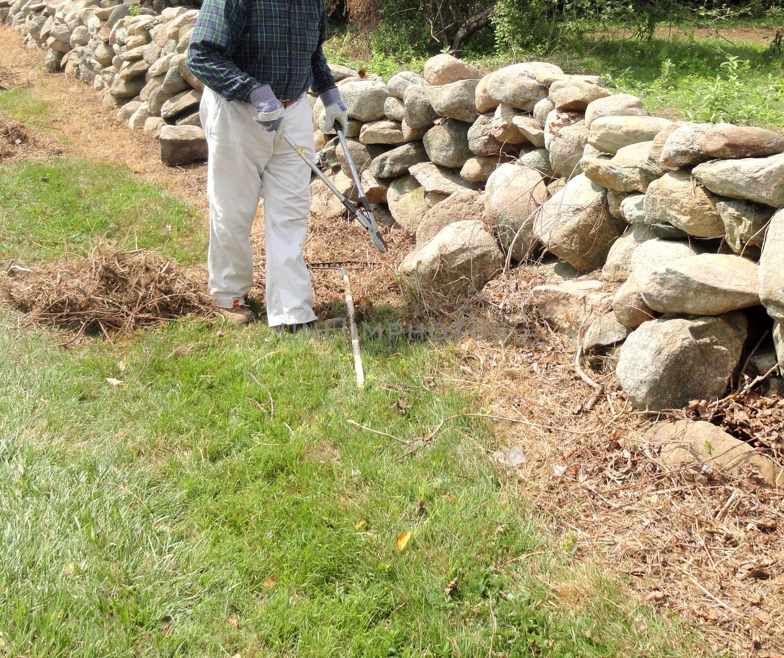 Volunteer male roadside worker clearing grass and weeds along the highway on the weekend.