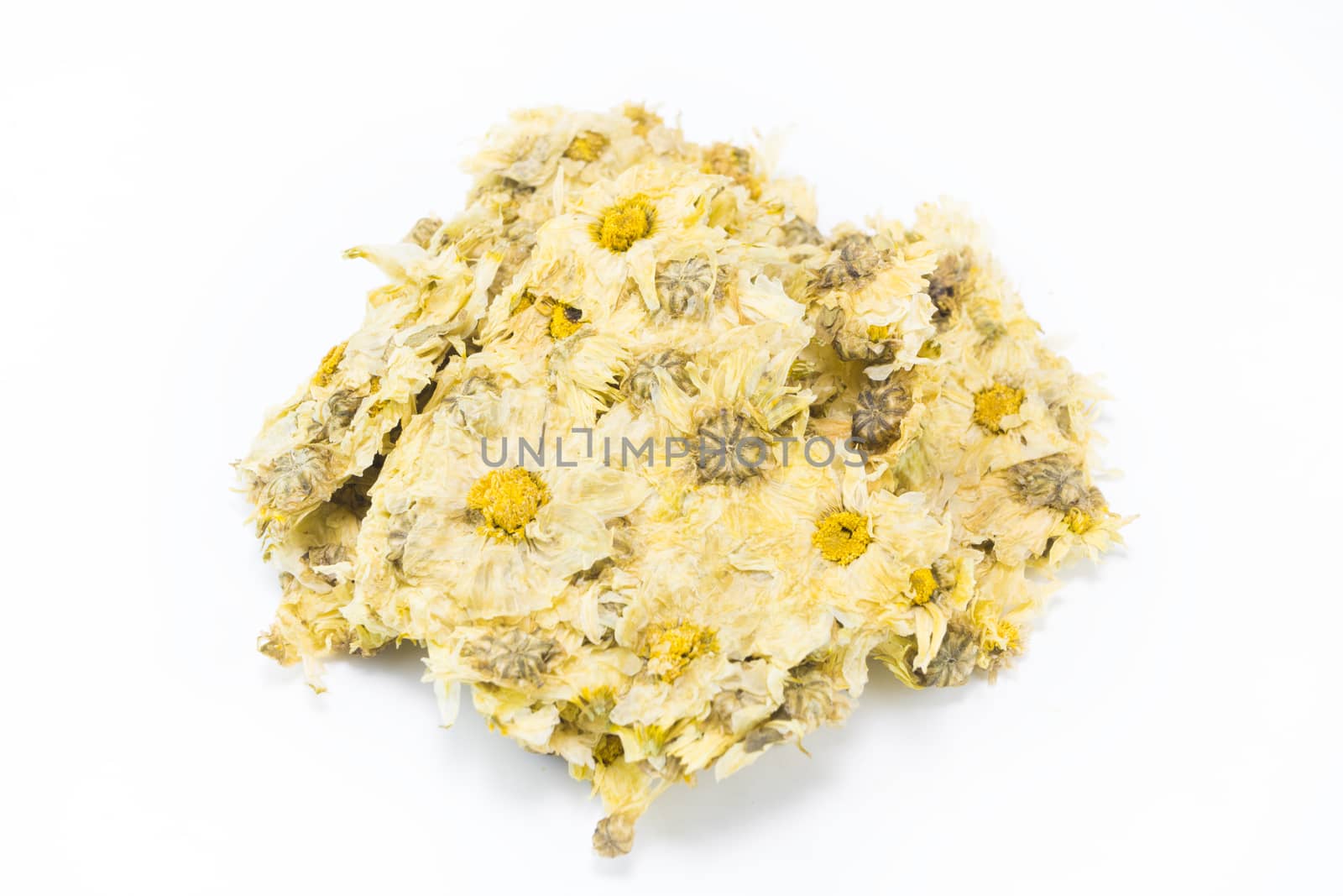dried chrysanthemum flowers tea, on white background
