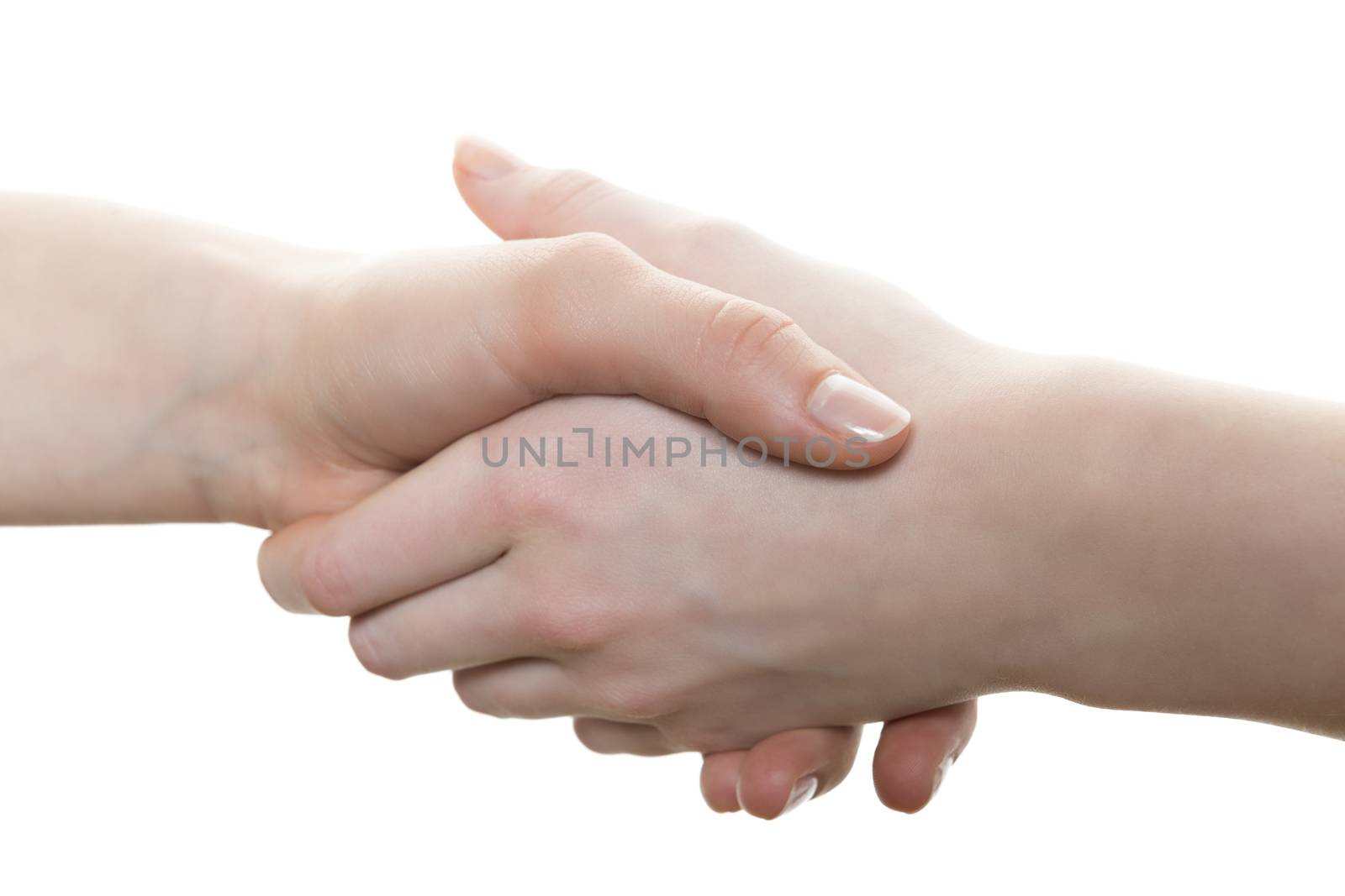 Image of female hands holding each other, isolated on white background